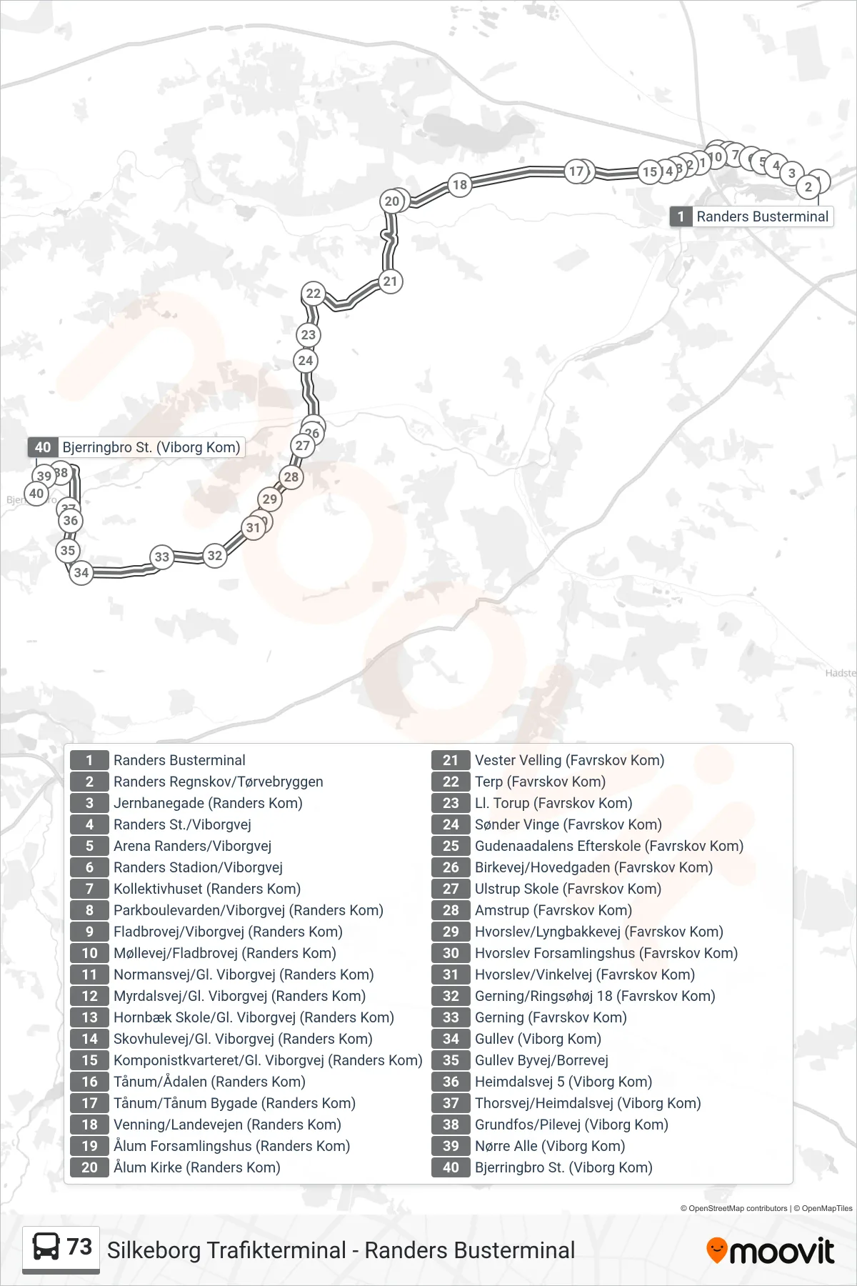 73 bus Linje (Bjerringbro St.) rute og stop på et kort