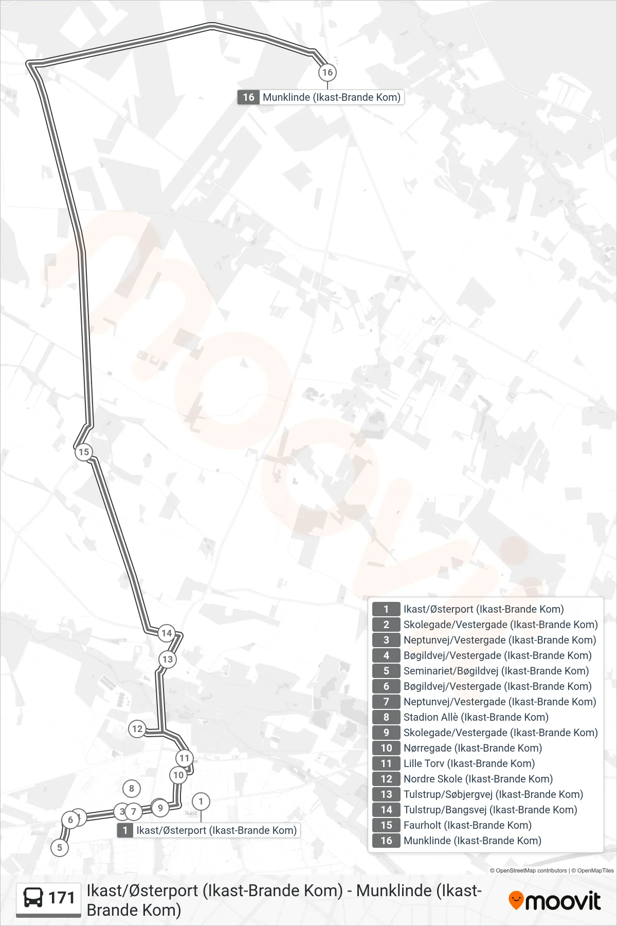 171 bus Linje (Munklinde) rute og stop på et kort