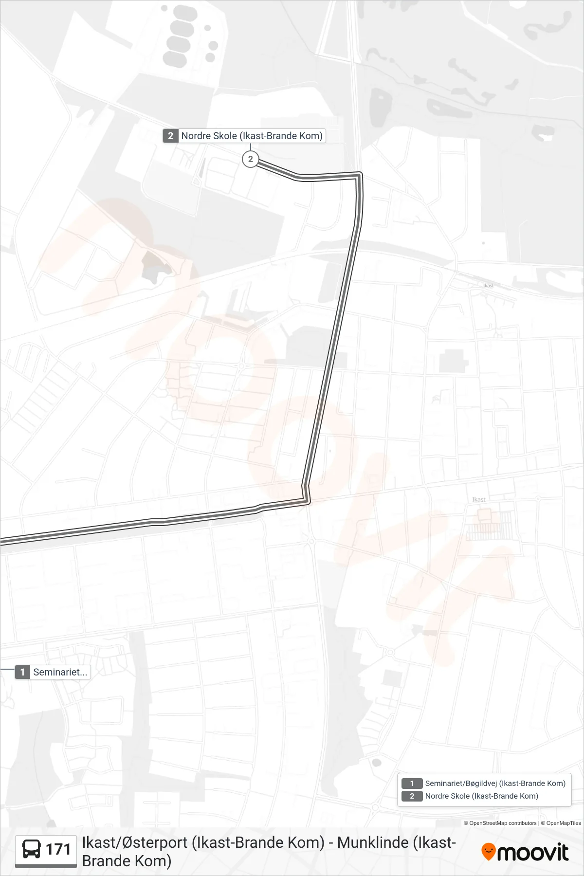 171 bus Linje (Nordre Skole) rute og stop på et kort