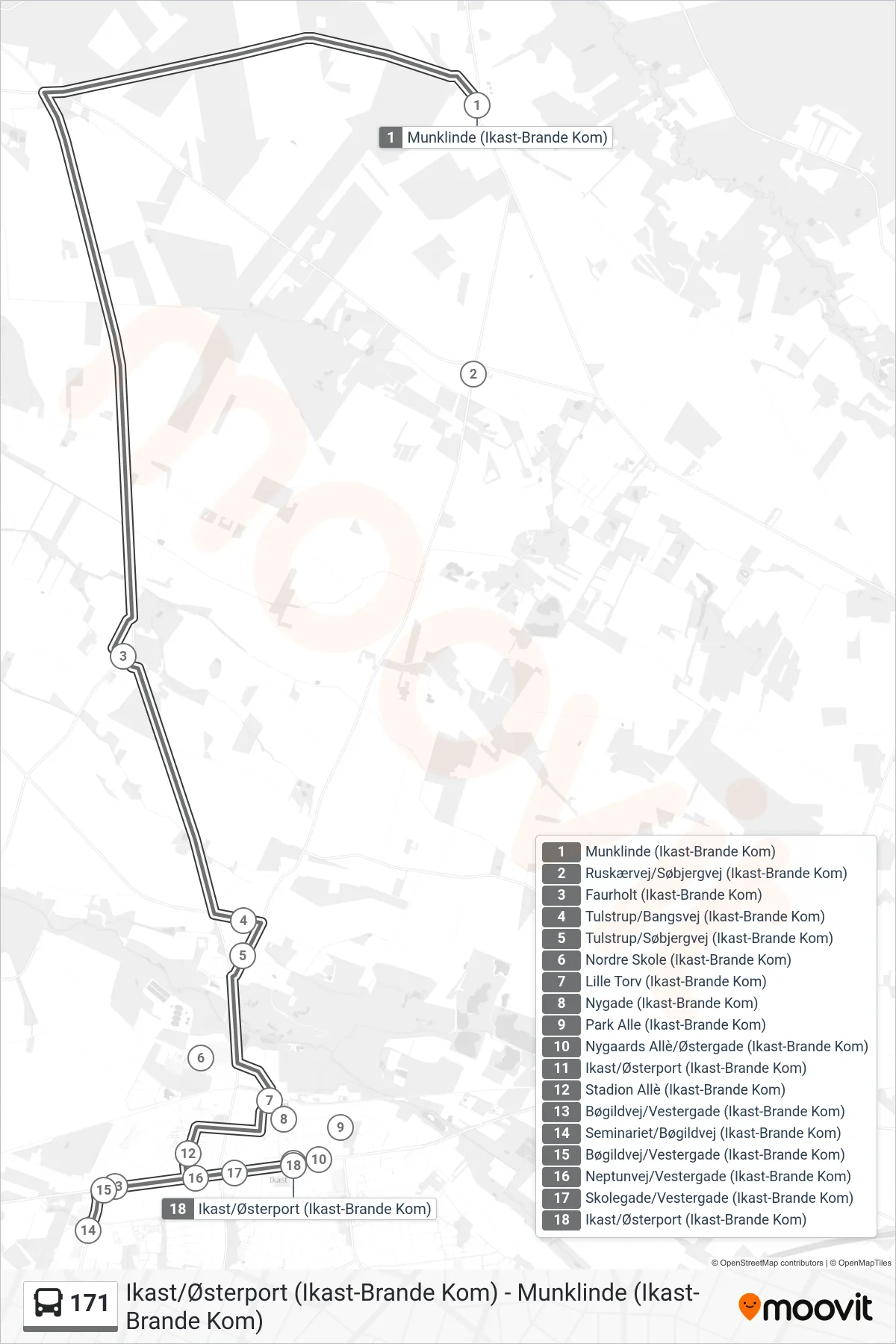 171 bus Linje (Ikast) rute og stop på et kort