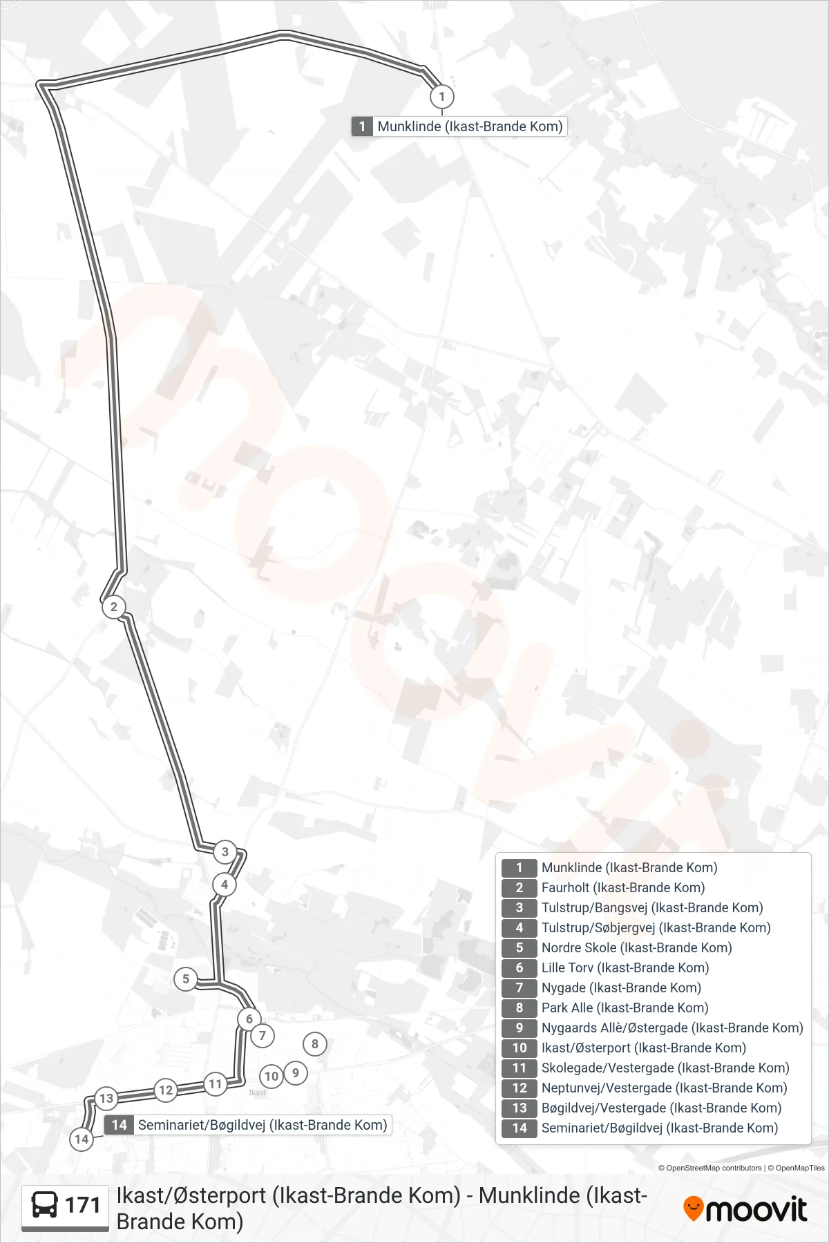 171 bus Line (Seminariet/Bøgildvej. Ikast) route and stops on a map