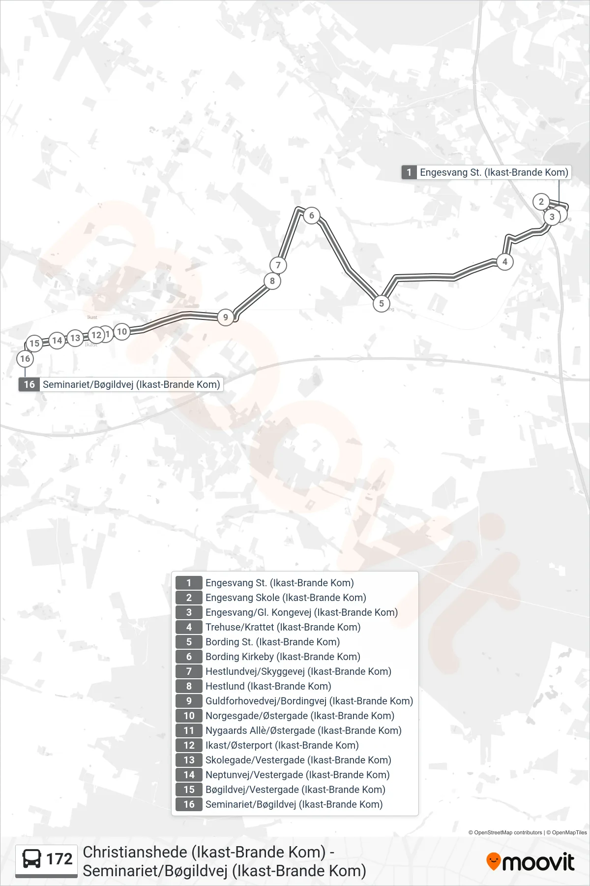 172 bus Linje (Seminariet/Bøgildvej (Ikast-Brande Kom)) rute og stop på et kort