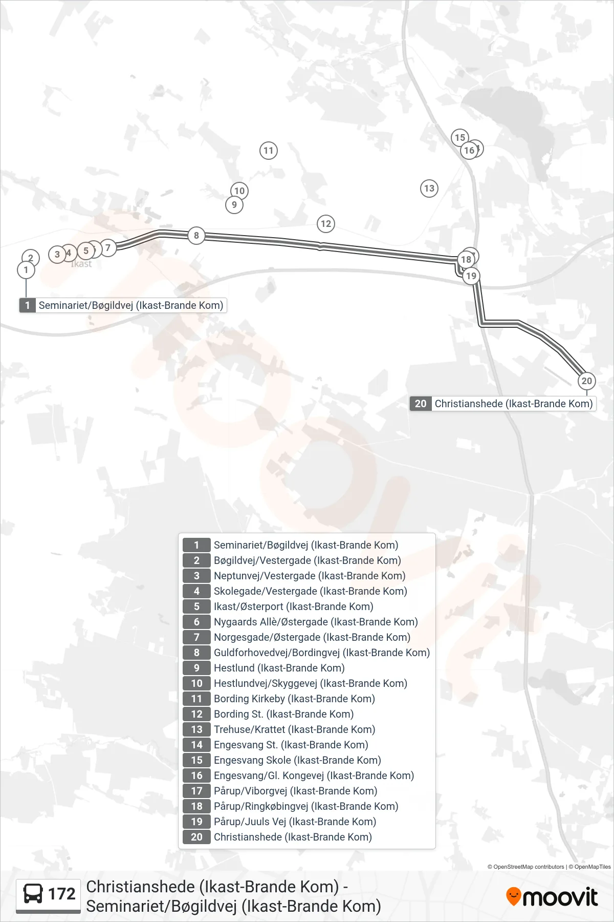 172 bus Linje (Christianshede) rute og stop på et kort