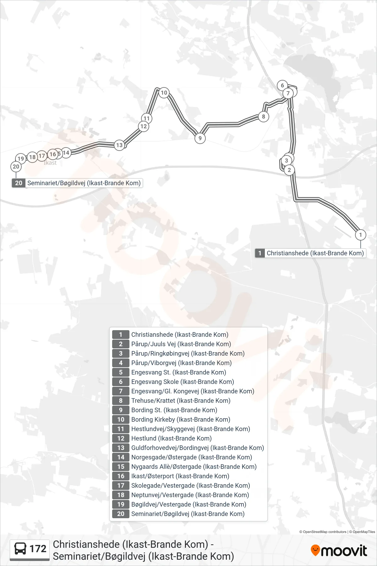 172 bus Linje (Seminariet/Bøgildvej. Ikast) rute og stop på et kort