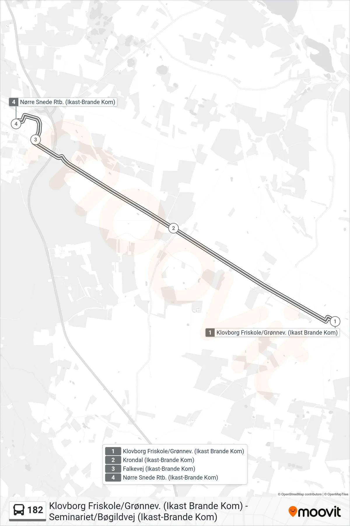 182 bus Linje (Nørre Snede Rtb. (Ikast-Brande Kom)) rute og stop på et kort