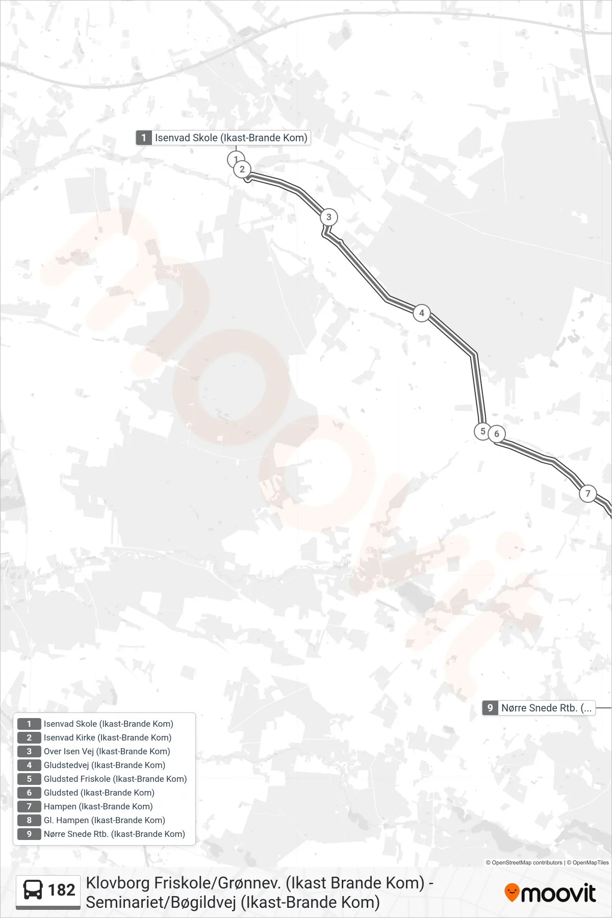 182 bus Line (Nørre Snede Rtb. (Ikast-Brande Kom)) route and stops on a map
