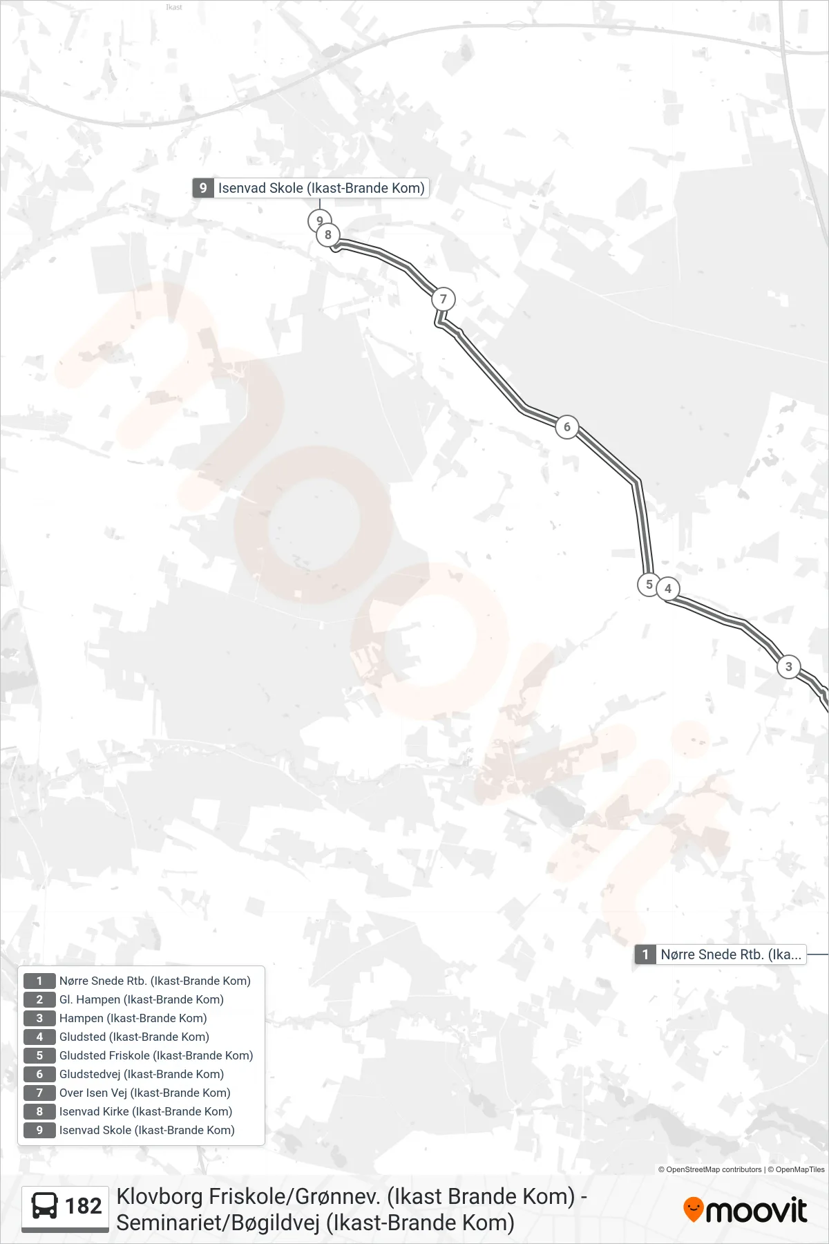 182 bus Linje (Isenvad Skole (Ikast-Brande Kom)) rute og stop på et kort
