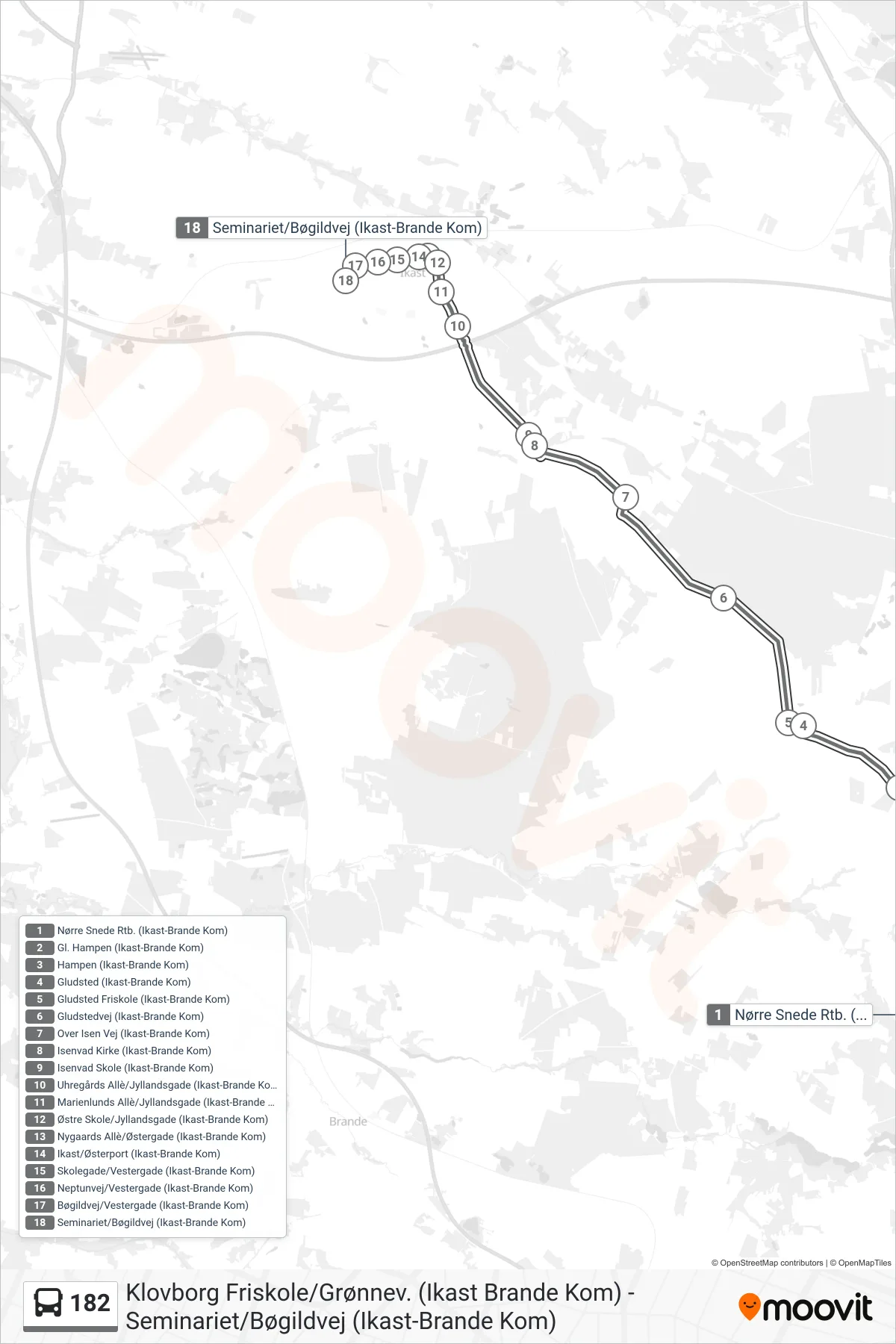 182 bus Line (Seminariet/Bøgildvej (Ikast-Brande Kom)) route and stops on a map