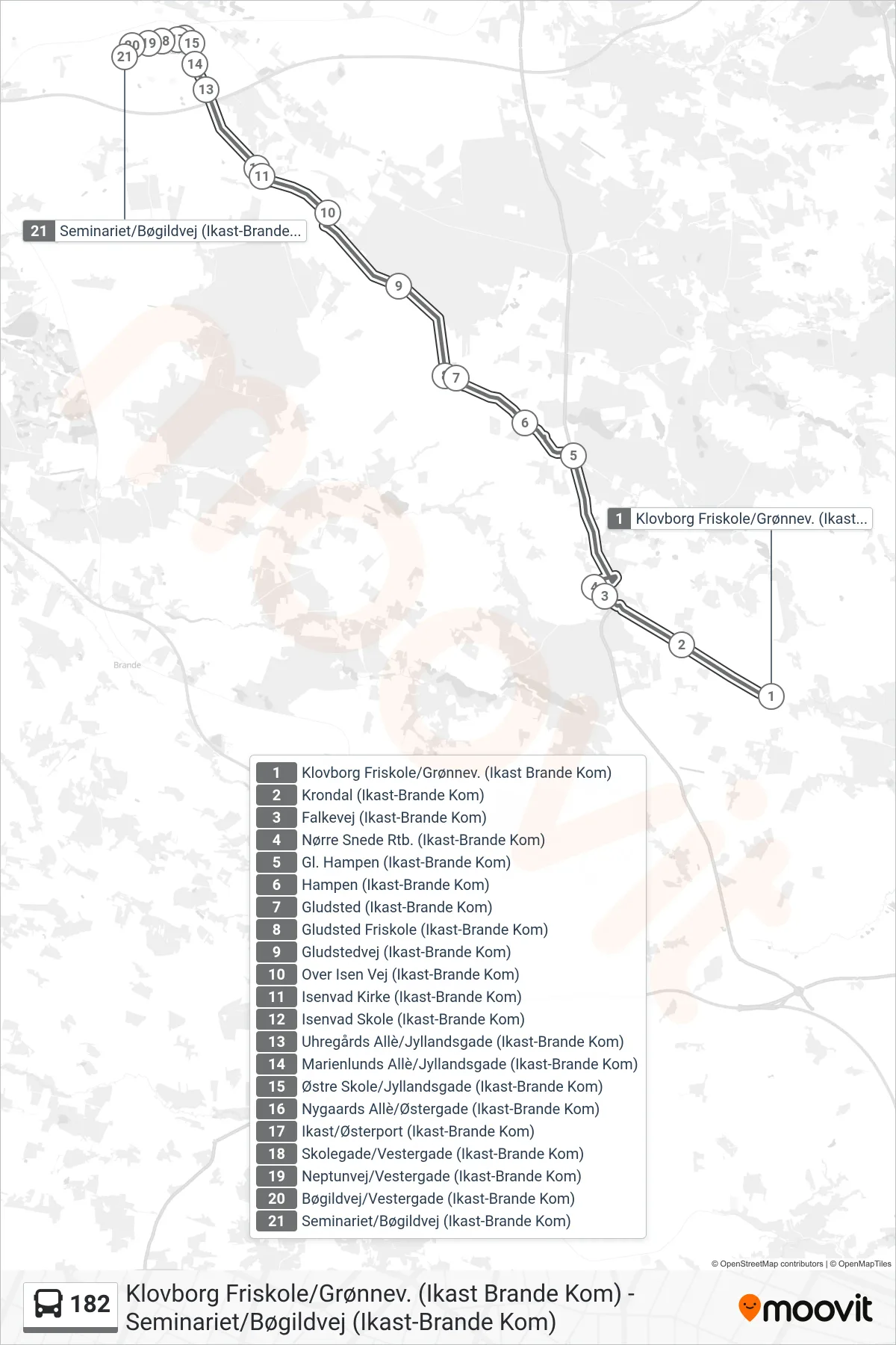 182 bus Linje (Seminariet/Bøgildvej. Ikast) rute og stop på et kort