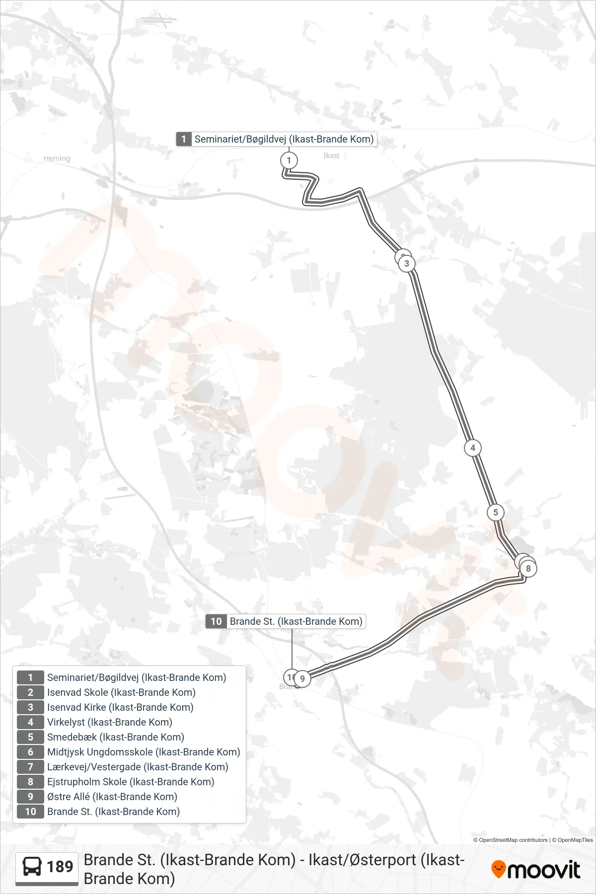 189 bus Linje (Brande St. (Ikast-Brande Kom)) rute og stop på et kort