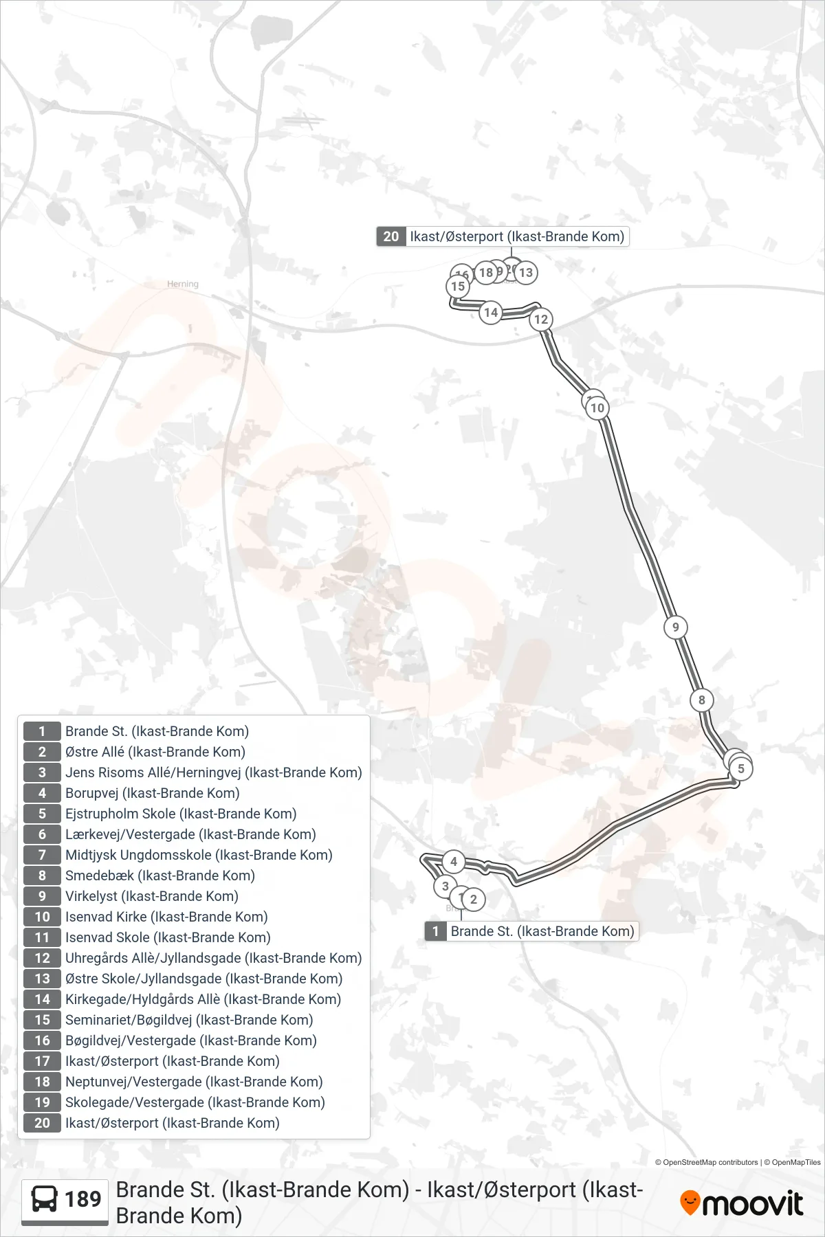 189 bus Line (Ikast/Østerport (Ikast-Brande Kom)) route and stops on a map