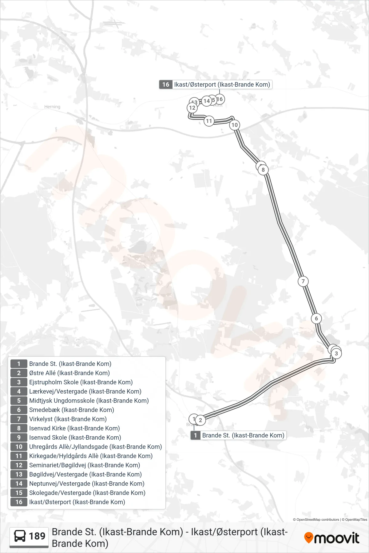 189 bus Linje (Ikast) rute og stop på et kort