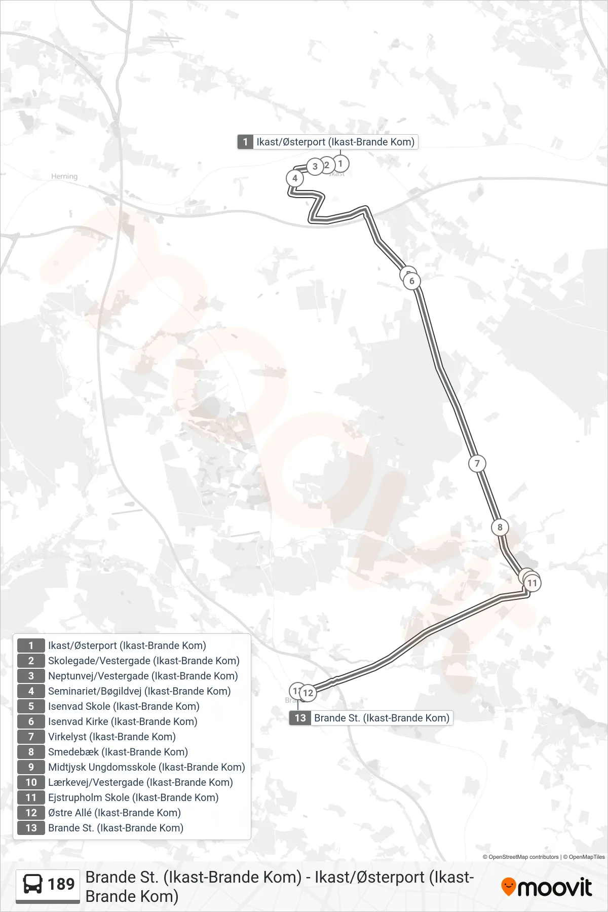 189 bus Linje (Brande St.) rute og stop på et kort