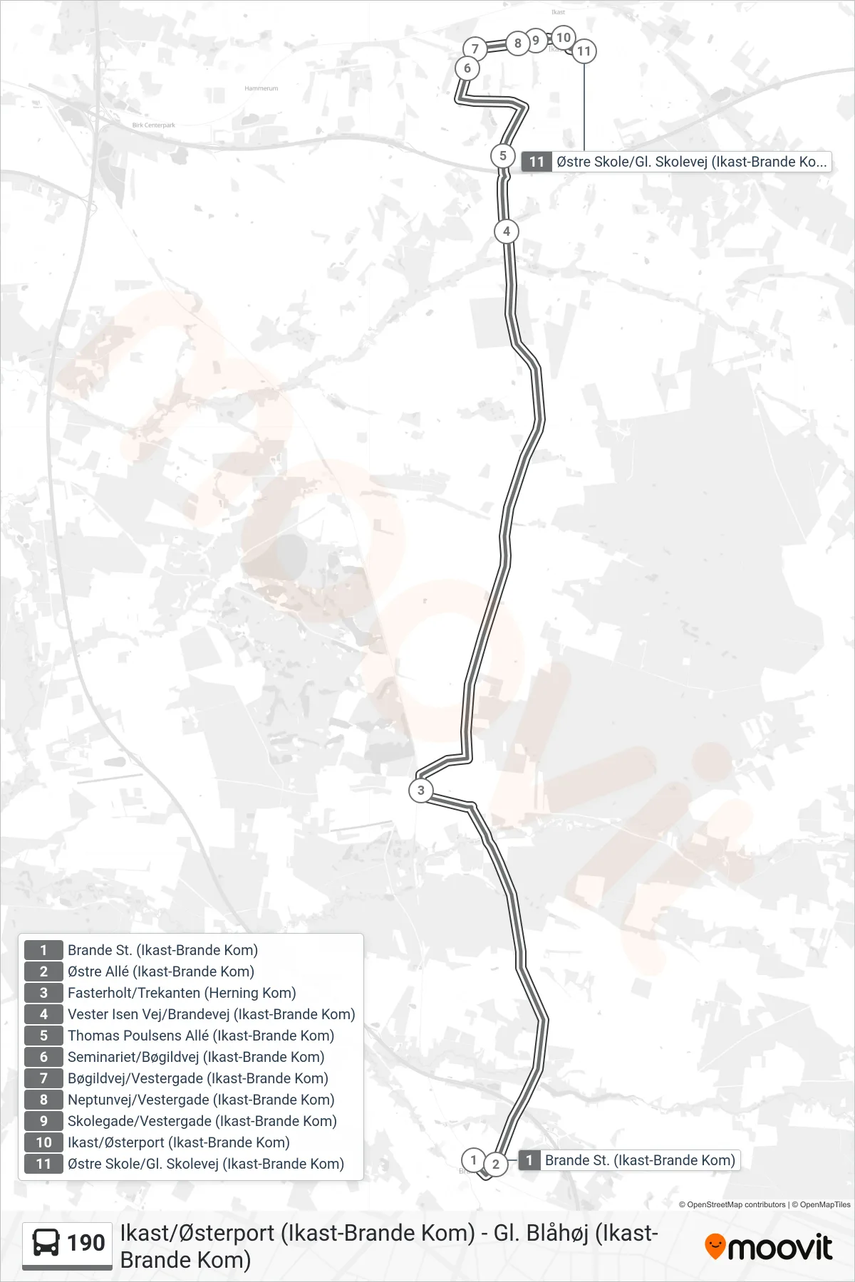 190 bus Linje (Østre Skole/Gl. Skolevej (Ikast-Brande Kom)) rute og stop på et kort