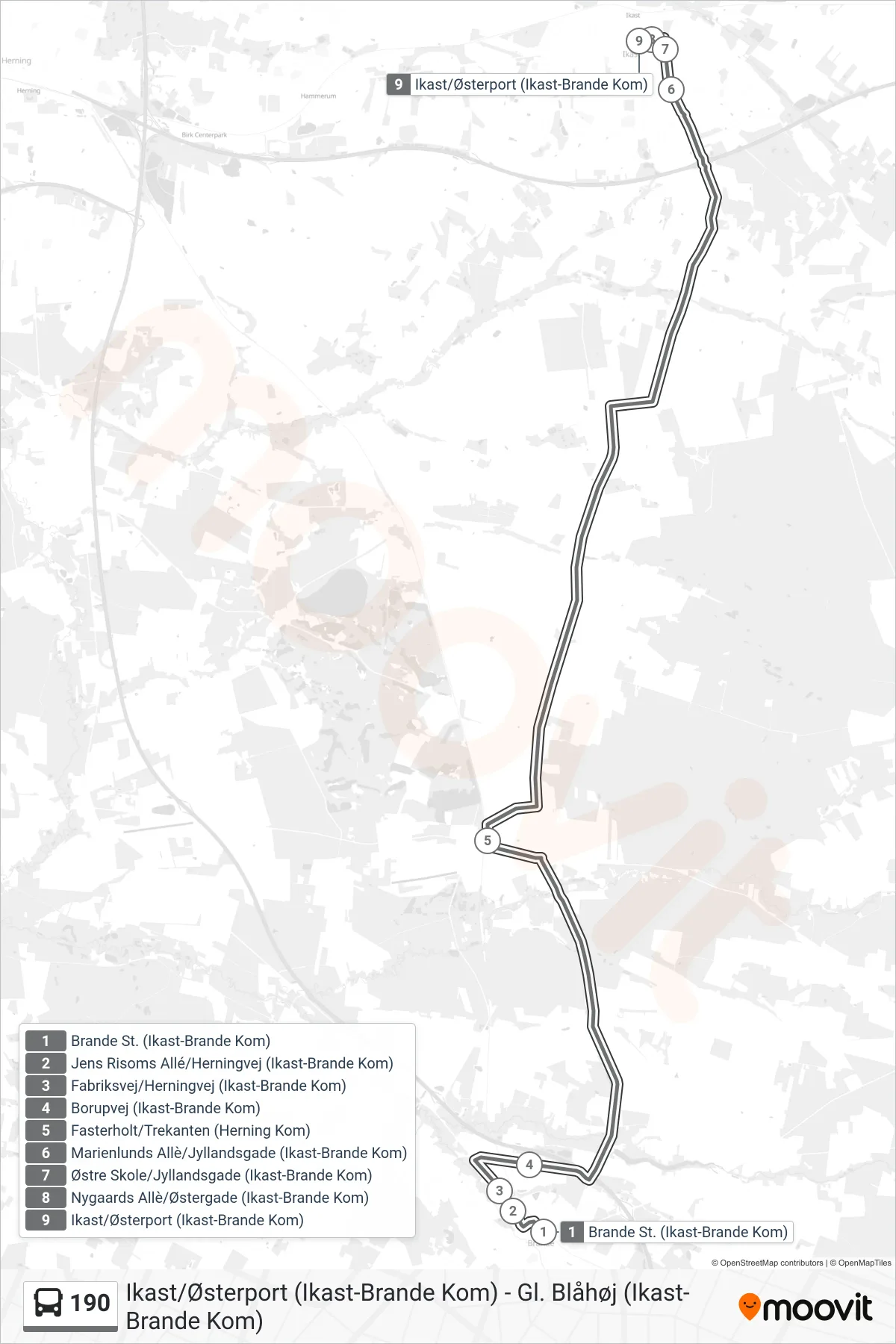 190 bus Linje (Ikast/Østerport (Ikast-Brande Kom)) rute og stop på et kort