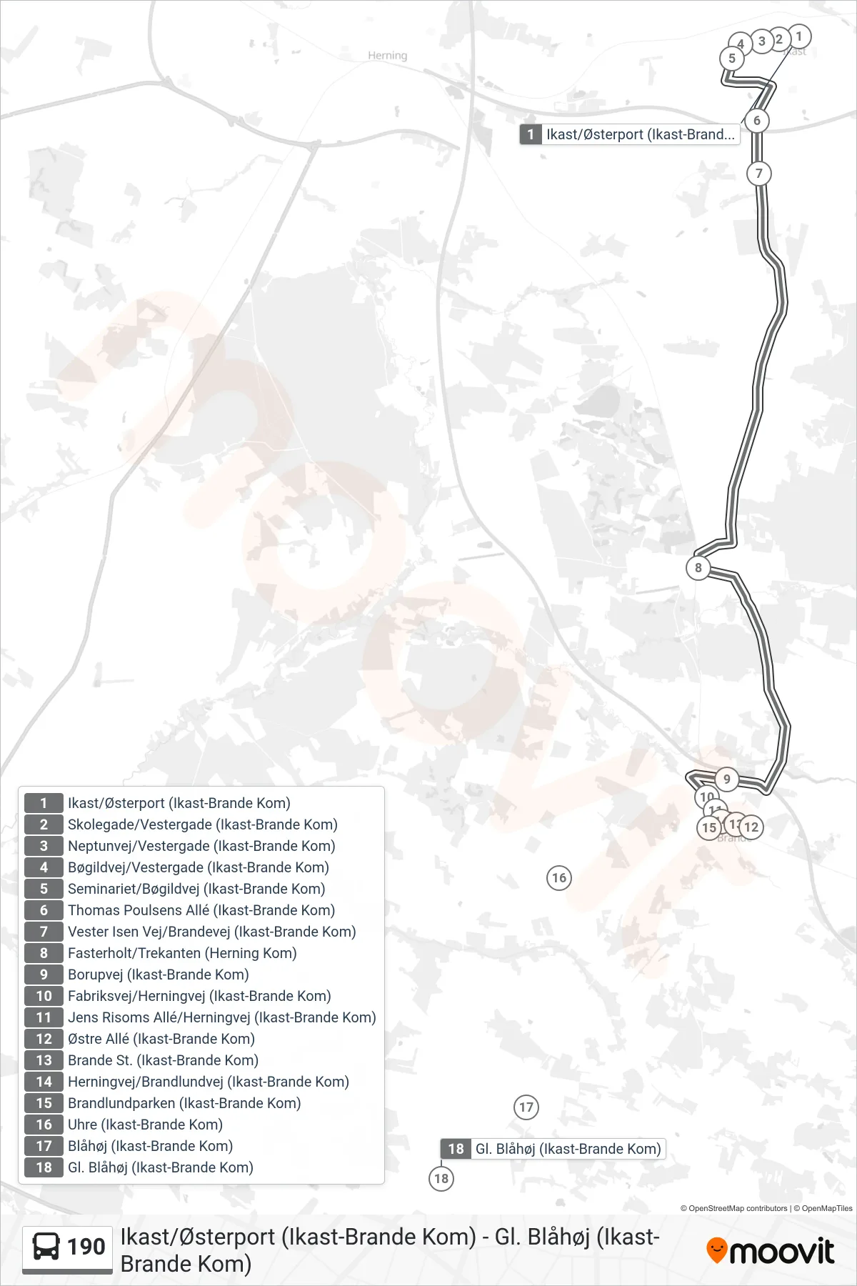 190 bus Linje (Gl. Blåhøj) rute og stop på et kort