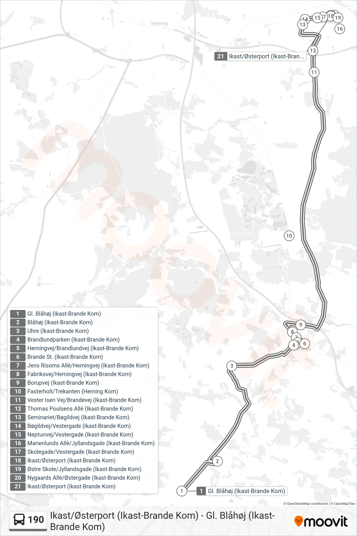 190 bus Linje (Ikast) rute og stop på et kort