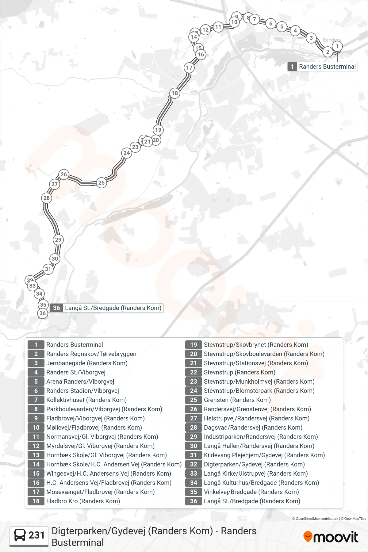 231 bus Linje (Langå St.) rute og stop på et kort