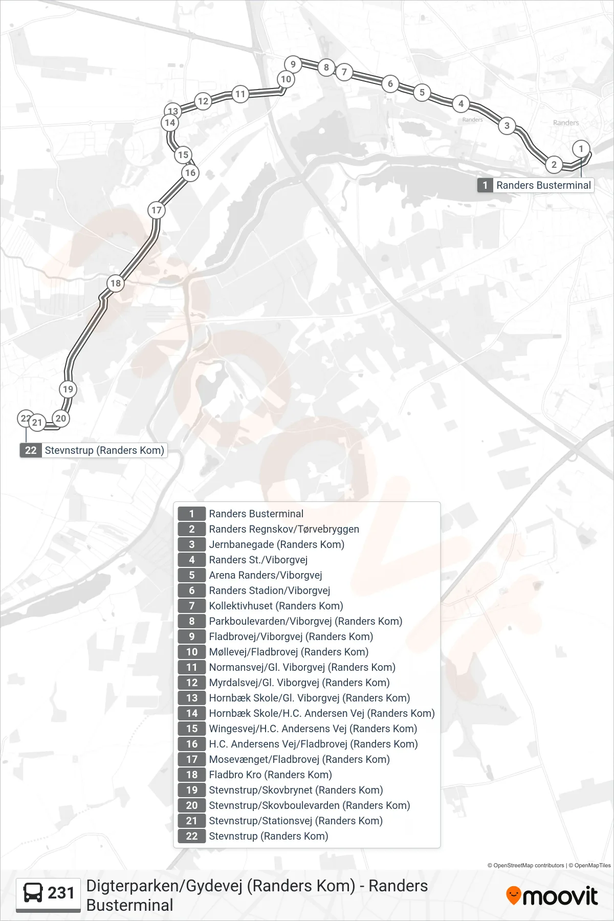 231 bus Linje (Stevnstrup (Randers Kom)) rute og stop på et kort