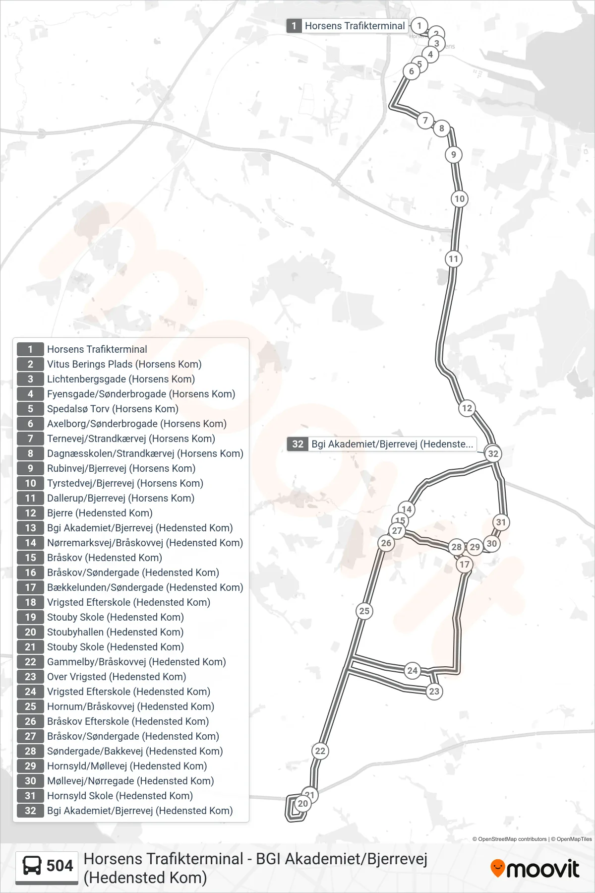 504 bus Linje (Bgi Akademiet/Bjerrevej (Hedensted Kom)) rute og stop på et kort