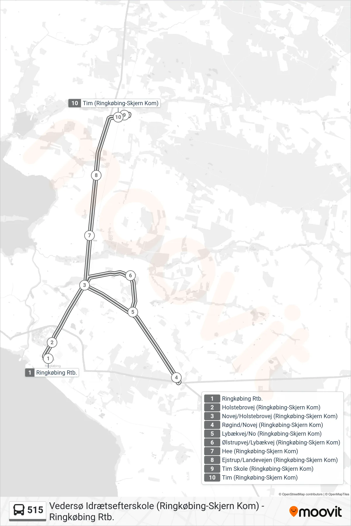 515 bus Linje (Tim) rute og stop på et kort