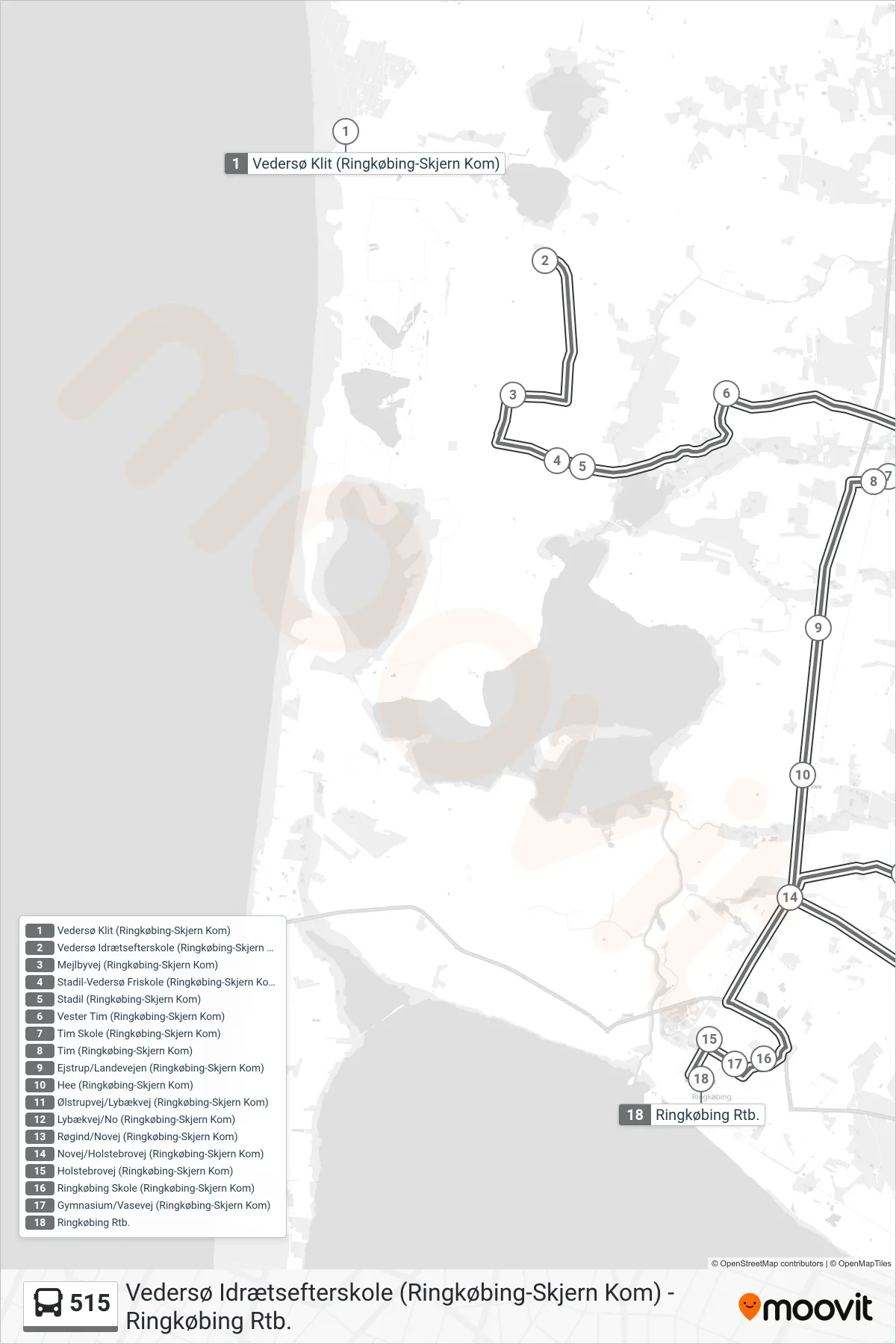 515 bus Linje (Ringkøbing Rtb.) rute og stop på et kort