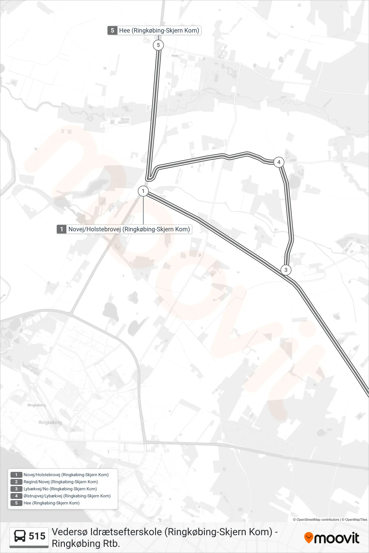 515 bus Linje (Hee) rute og stop på et kort
