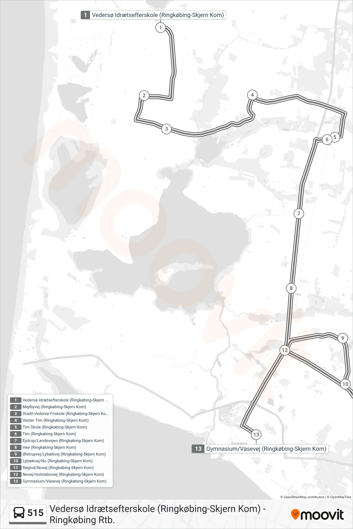 515 bus Linje (Gymnasium/Vasevej) rute og stop på et kort