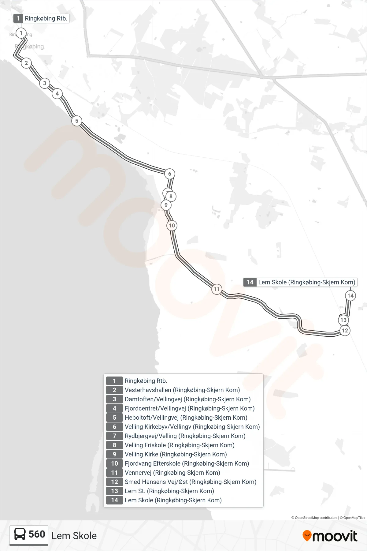 560 bus Linje (Lem Skole) rute og stop på et kort