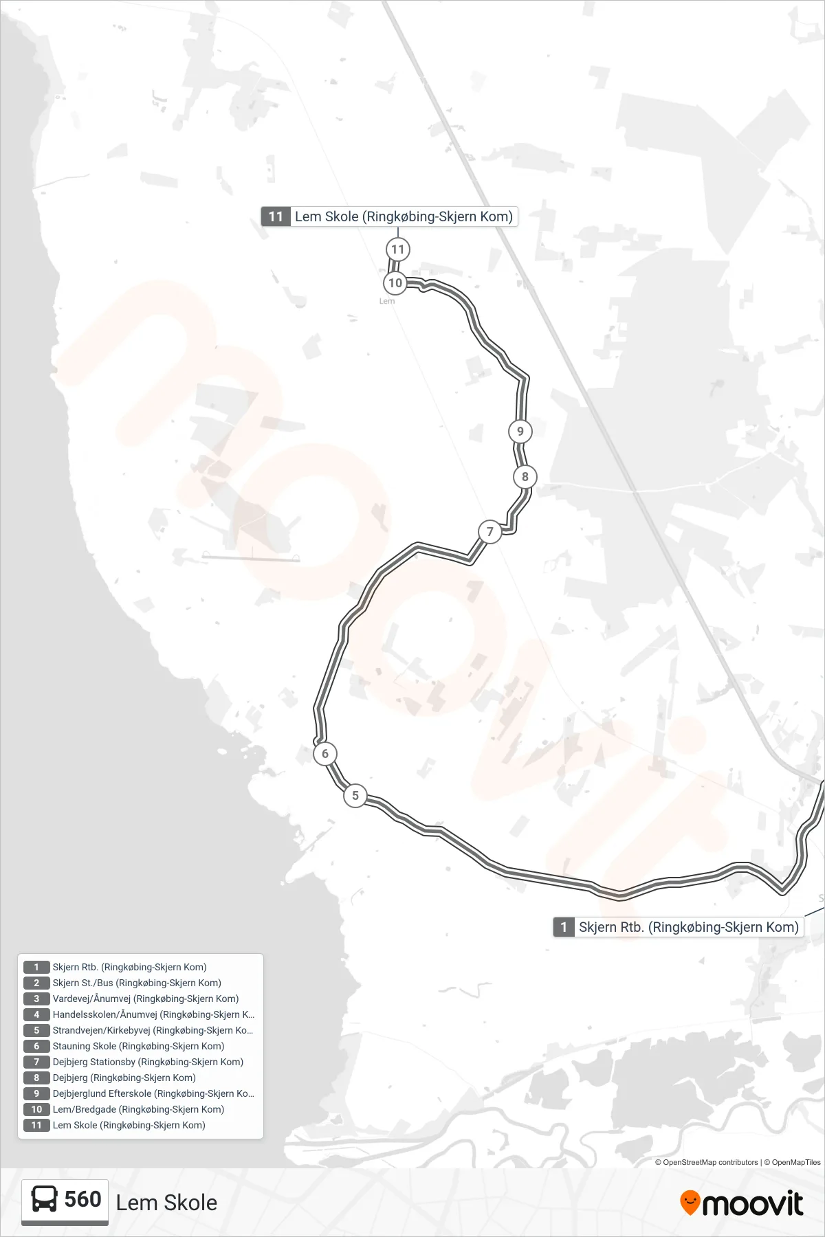560 bus Linje (Lem Skole) rute og stop på et kort