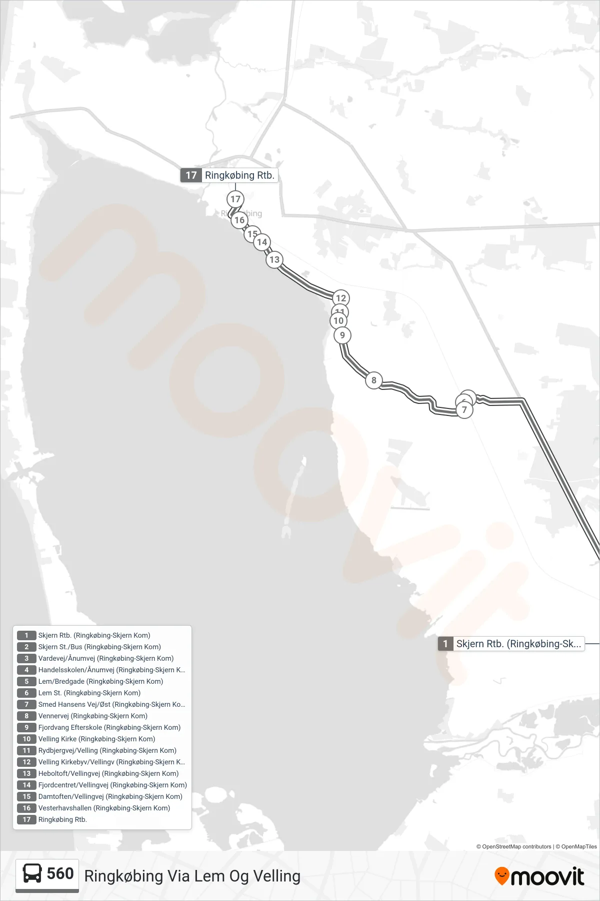 560 bus Linje (Ringkøbing Via Lem Og Velling) rute og stop på et kort