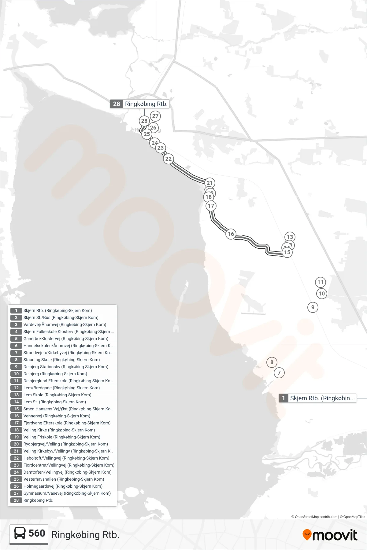 560 bus Linje (Ringkøbing Rtb.) rute og stop på et kort