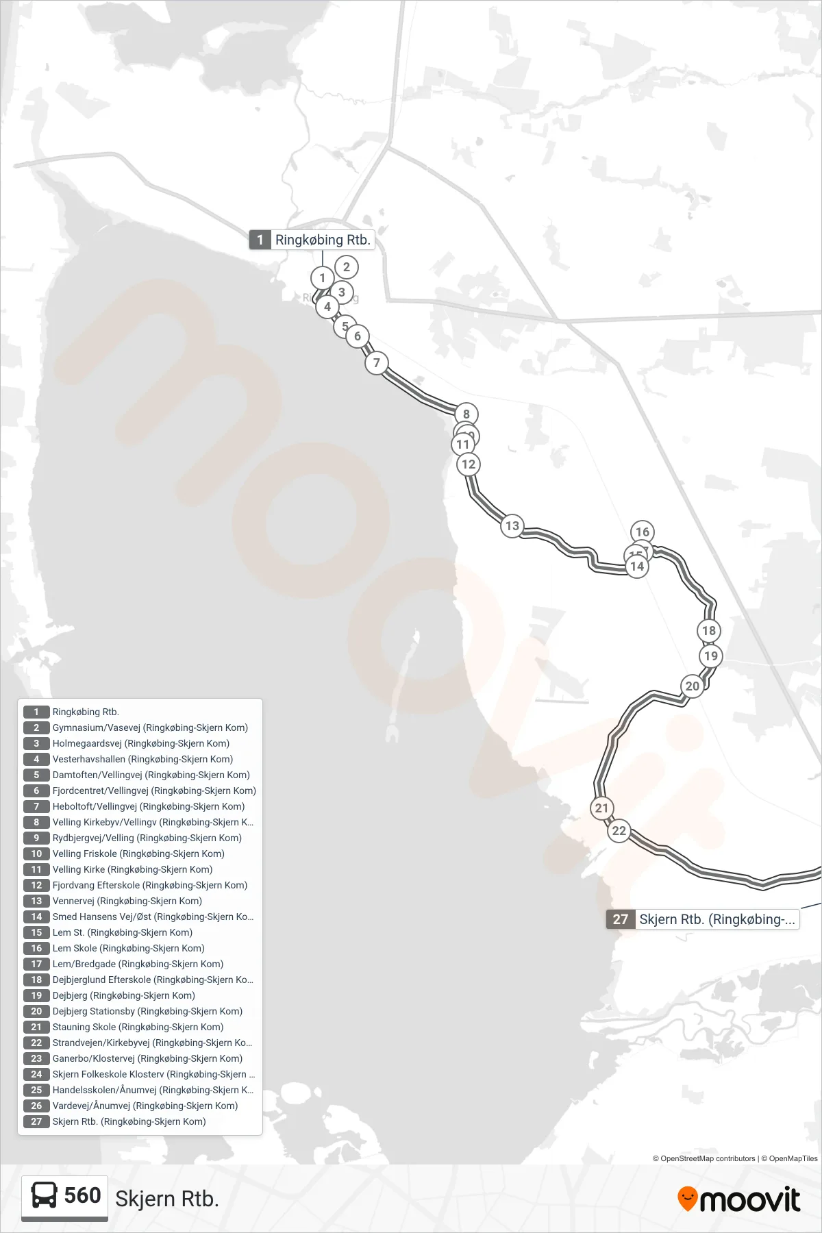 560 bus Linje (Skjern Rtb.) rute og stop på et kort