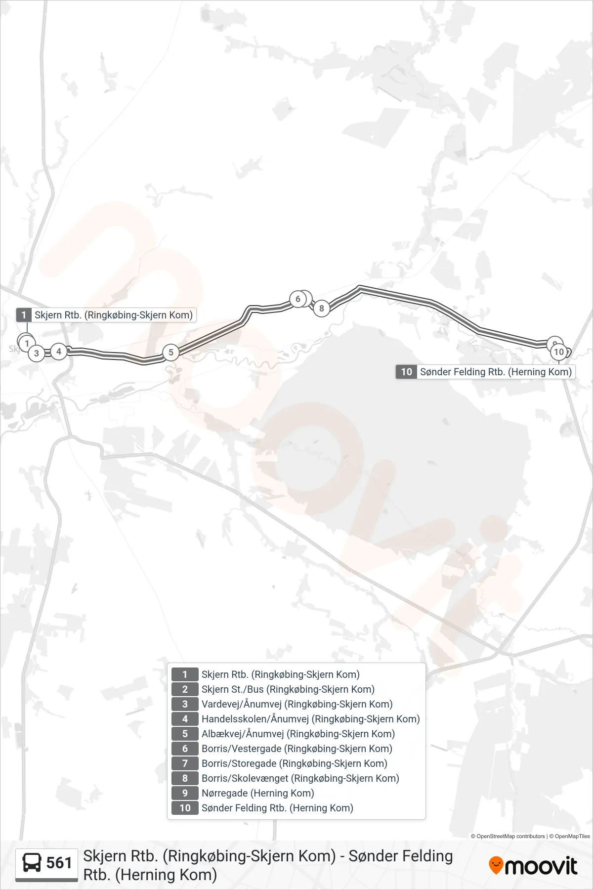 561 bus Linje (Sønder Felding Rtb.) rute og stop på et kort