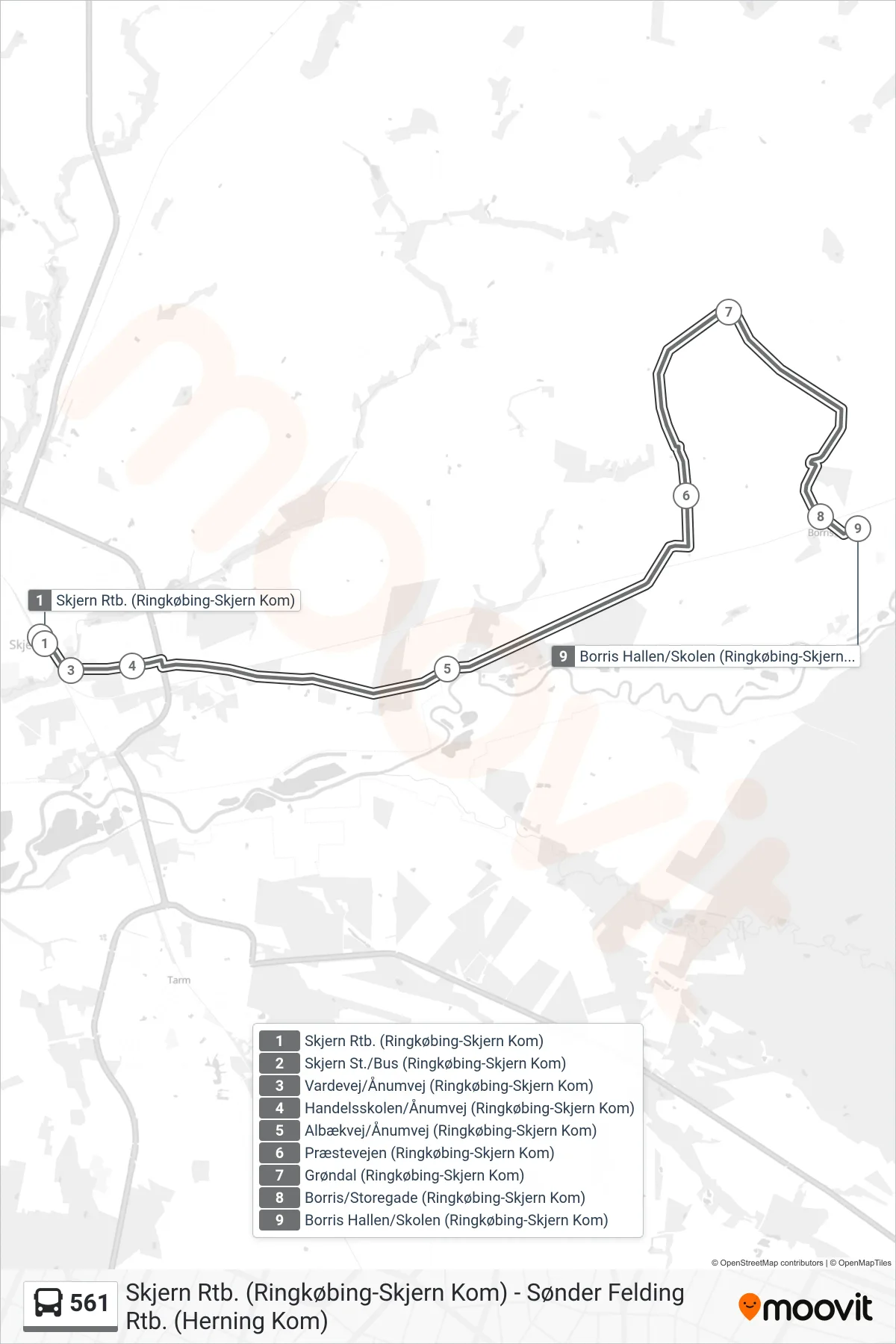 561 bus Linje (Borris Hallen/Skolen) rute og stop på et kort
