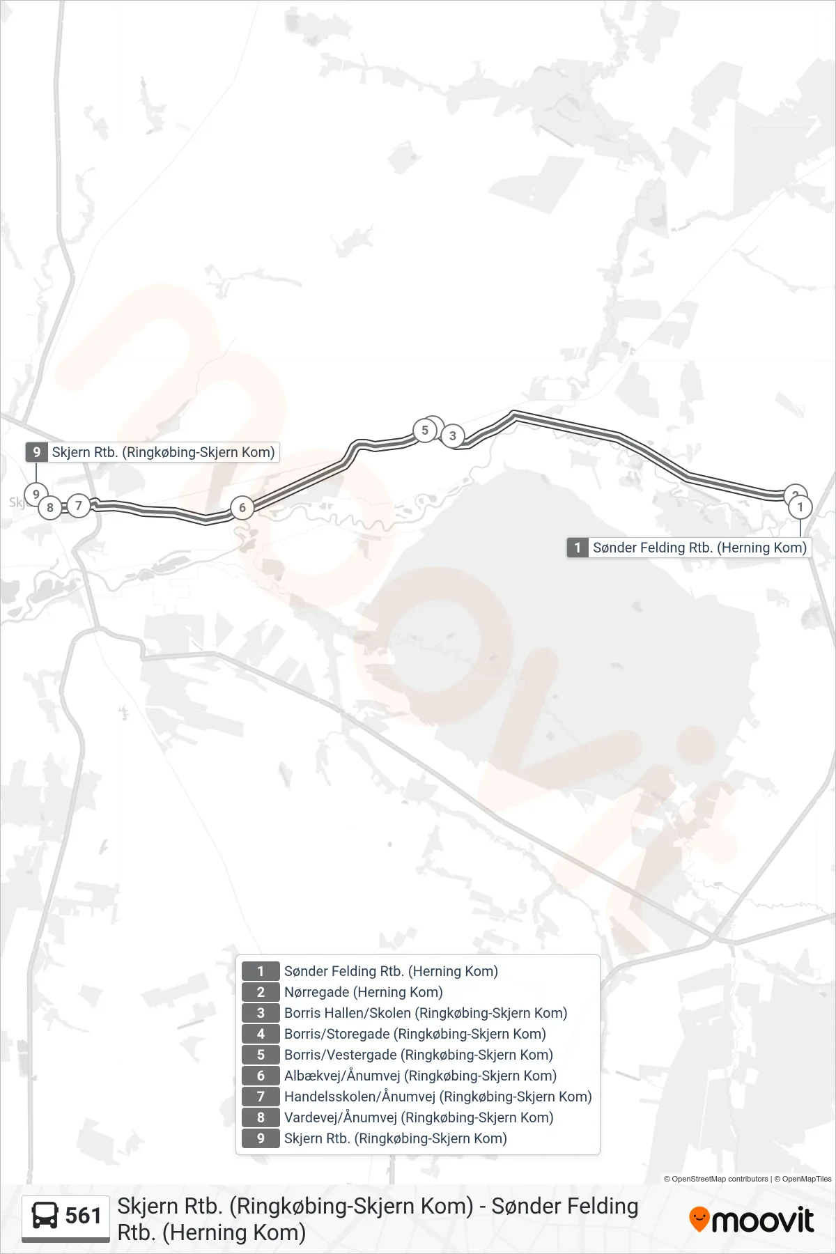 561 bus Linje (Skjern Rtb.) rute og stop på et kort