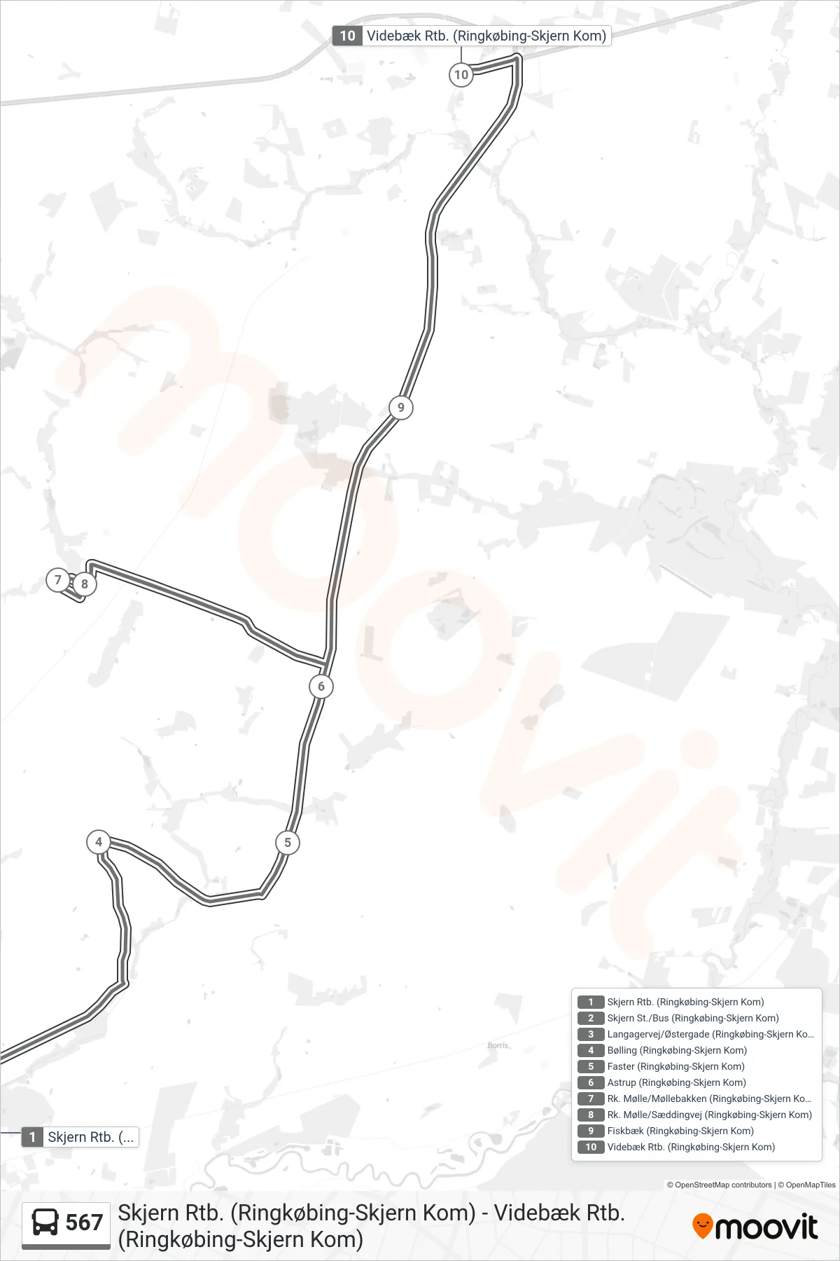567 bus Line (Videbæk Rtb. (Flexbus - Skal Bestilles)) route and stops on a map
