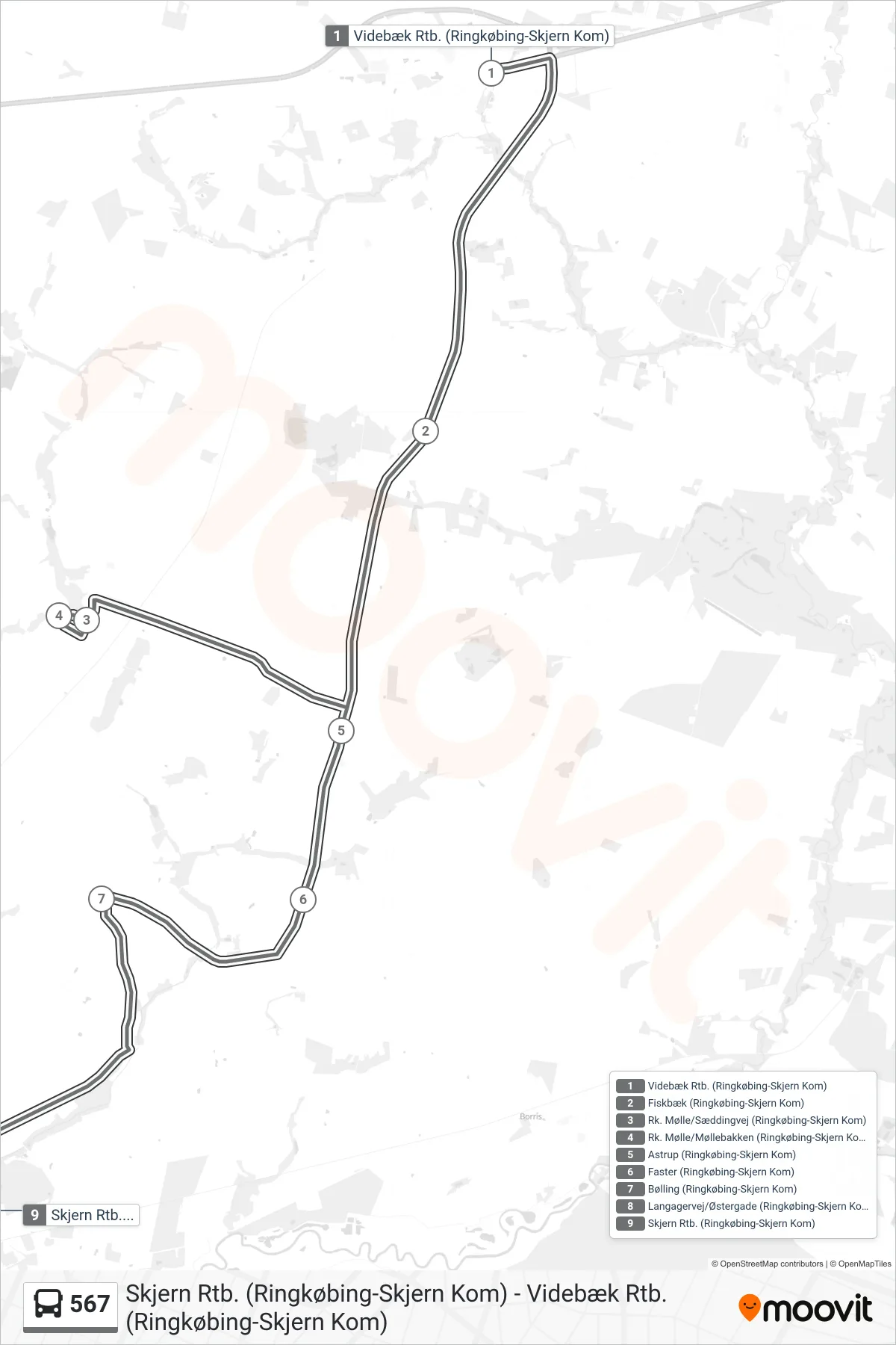 567 bus Linje (Skjern Rtb. (Flexbus - Skal Bestilles)) rute og stop på et kort