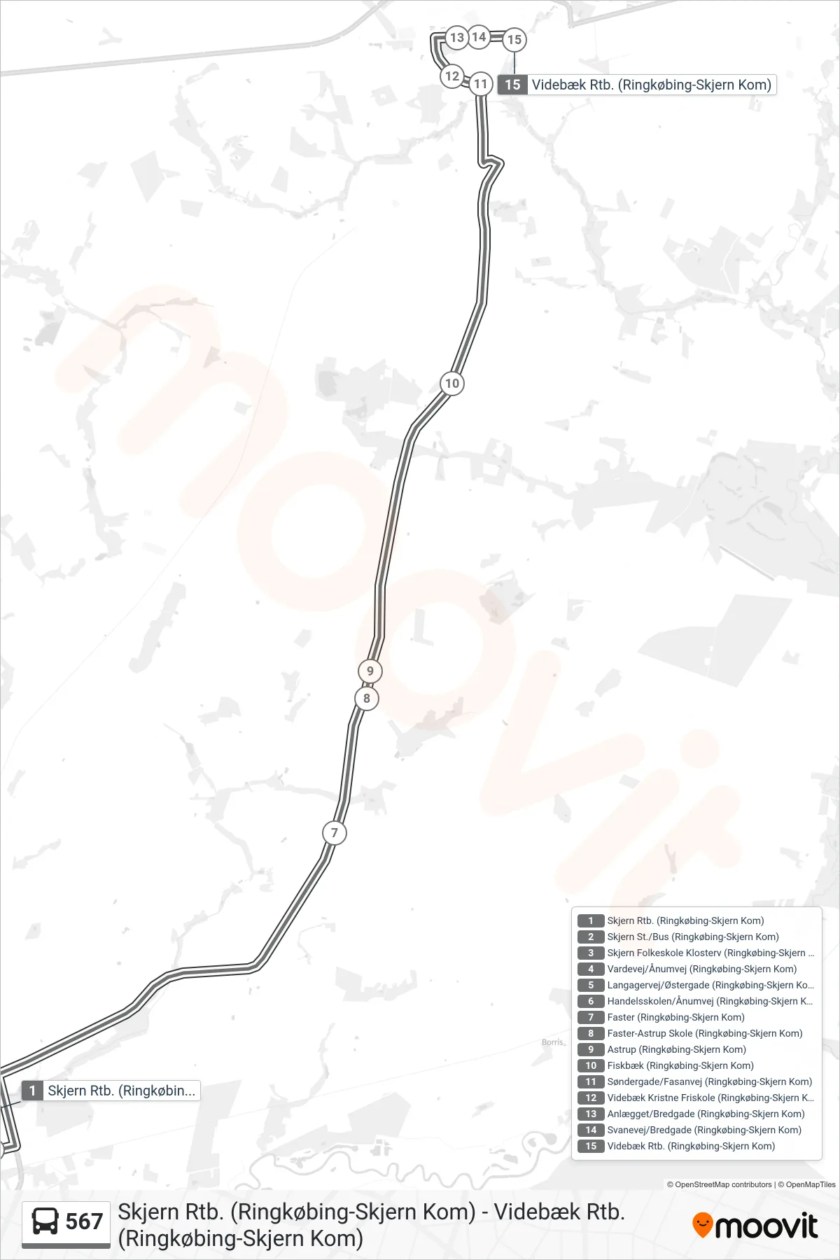 567 bus Linje (Videbæk Rtb.) rute og stop på et kort