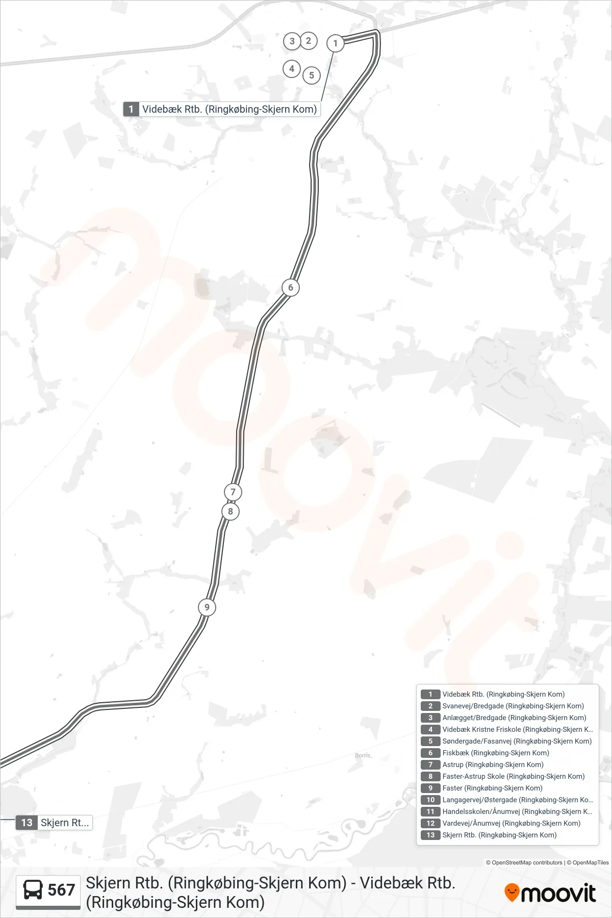 567 bus Linje (Skjern Rtb.) rute og stop på et kort