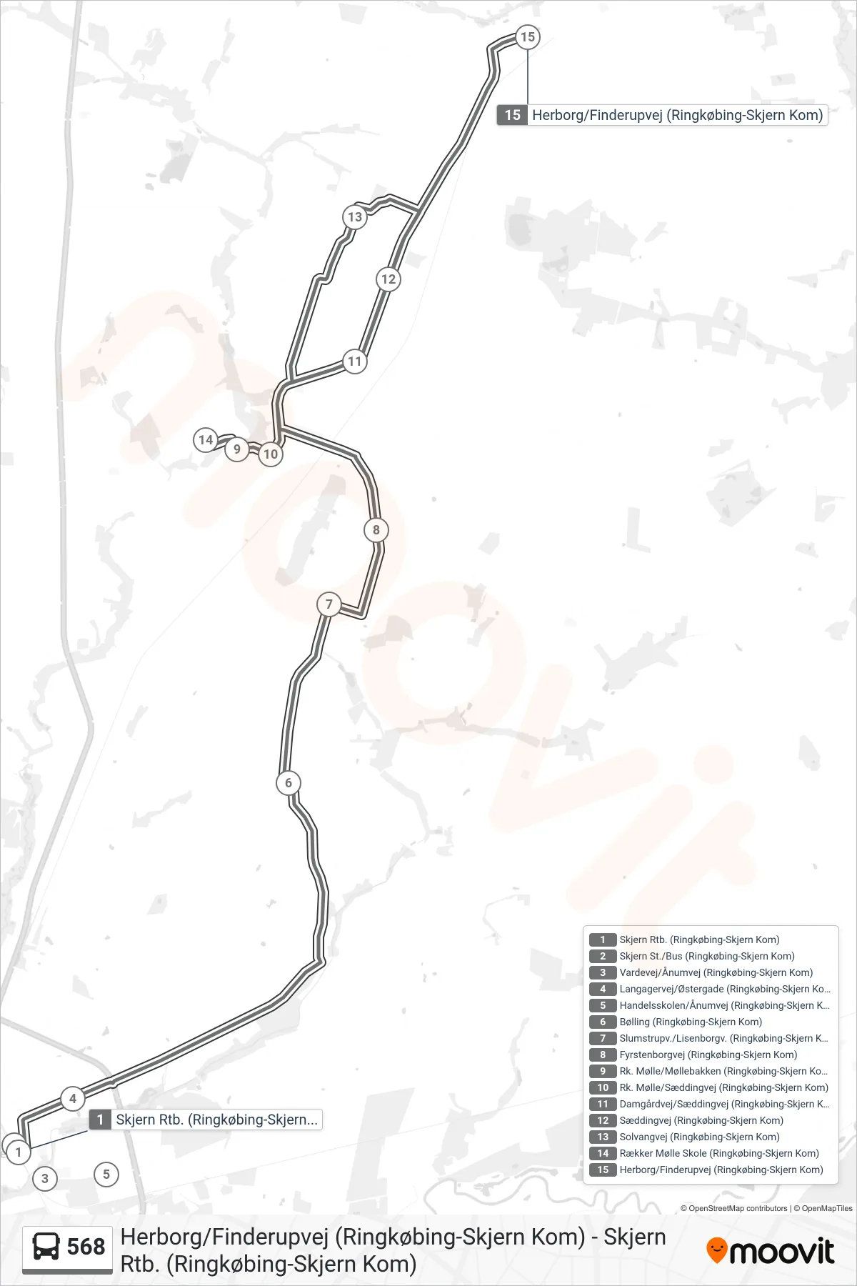 568 bus Linje (Herborg) rute og stop på et kort