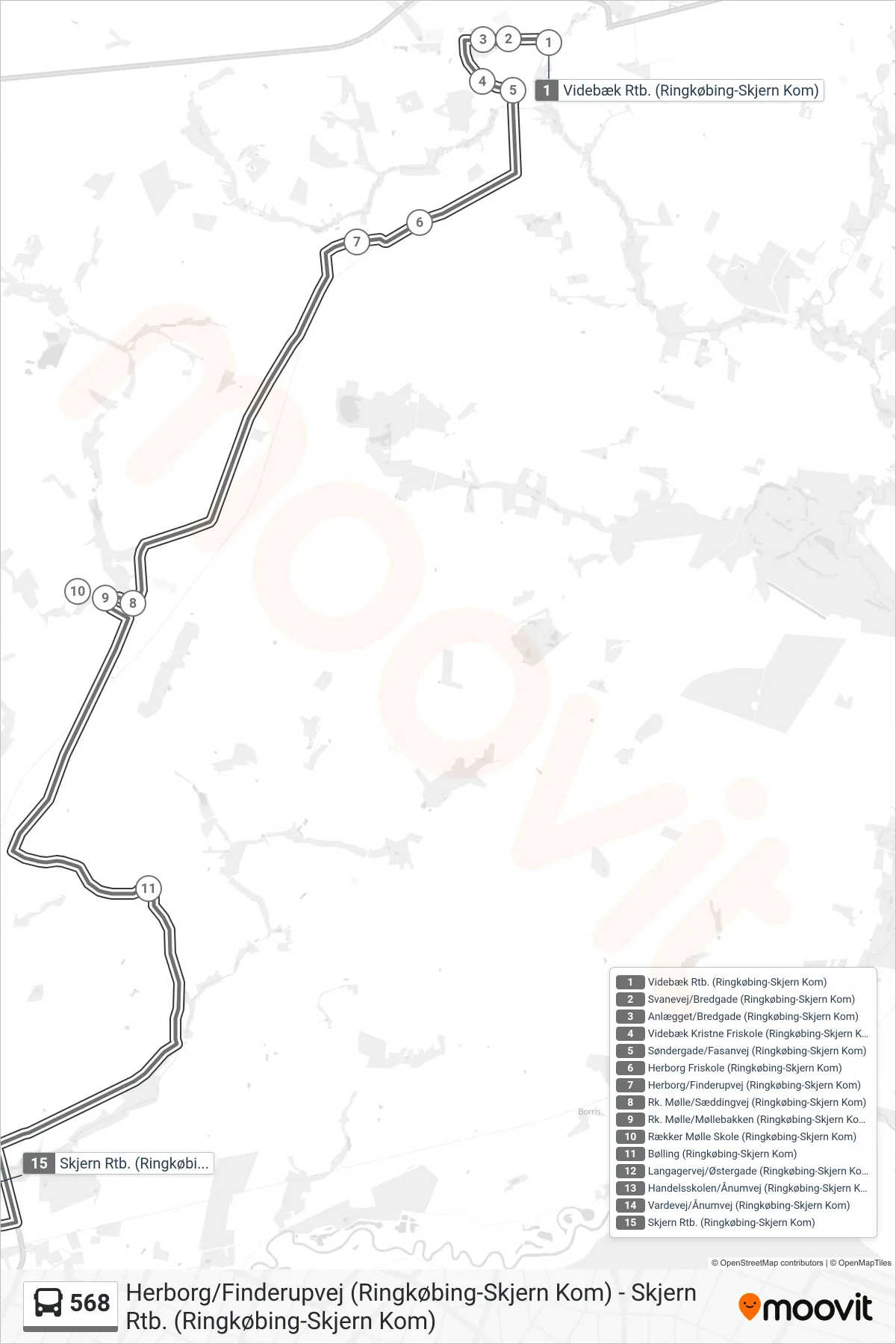 568 bus Linje (Skjern Rtb.) rute og stop på et kort