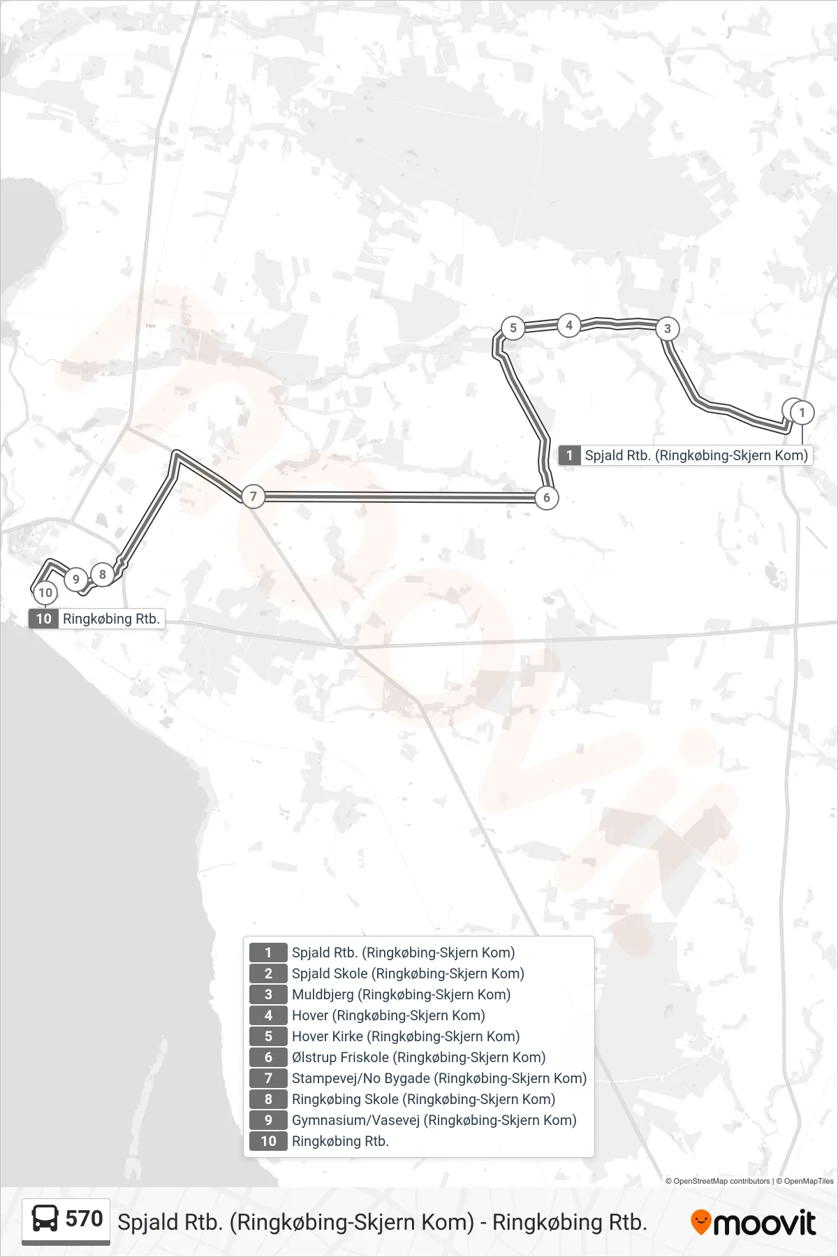 570 bus Linje (Ringkøbing Rtb.) rute og stop på et kort