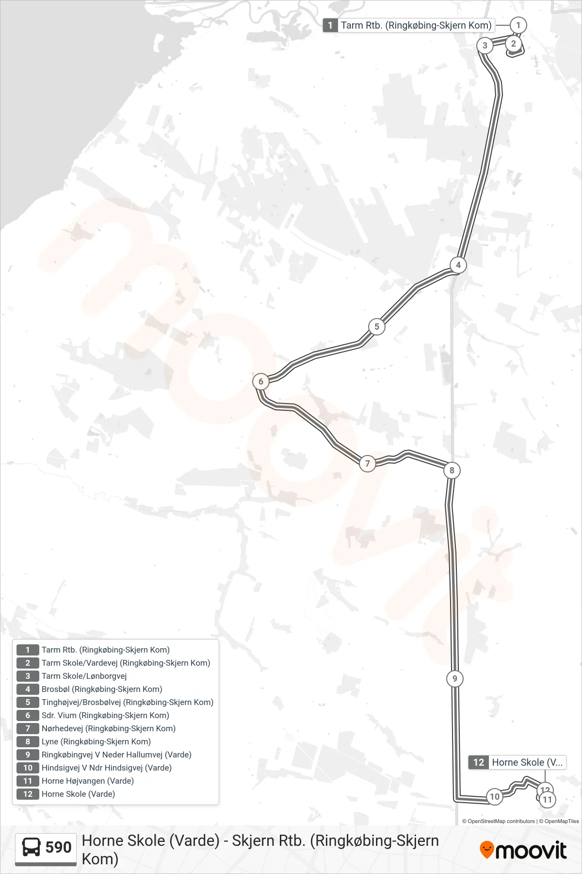 590 bus Linje (Horne Skole (Varde)) rute og stop på et kort