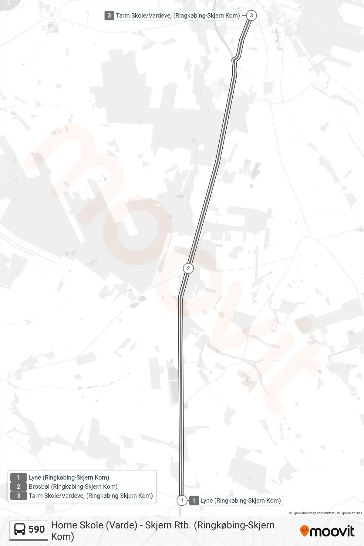 590 bus Linje (Tarm Skole (Lønborgvej)) rute og stop på et kort