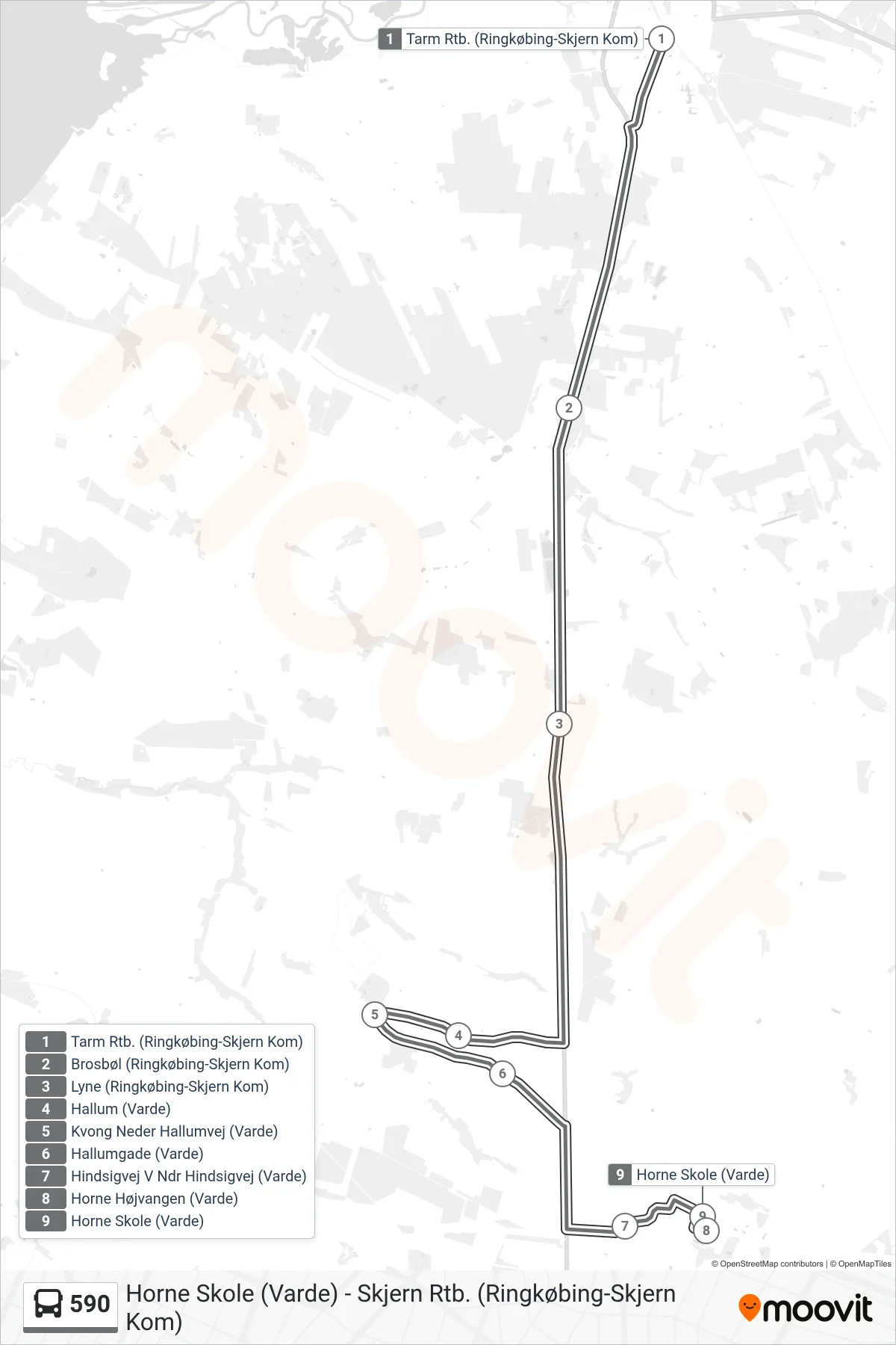 590 bus Linje (Horne Skole) rute og stop på et kort
