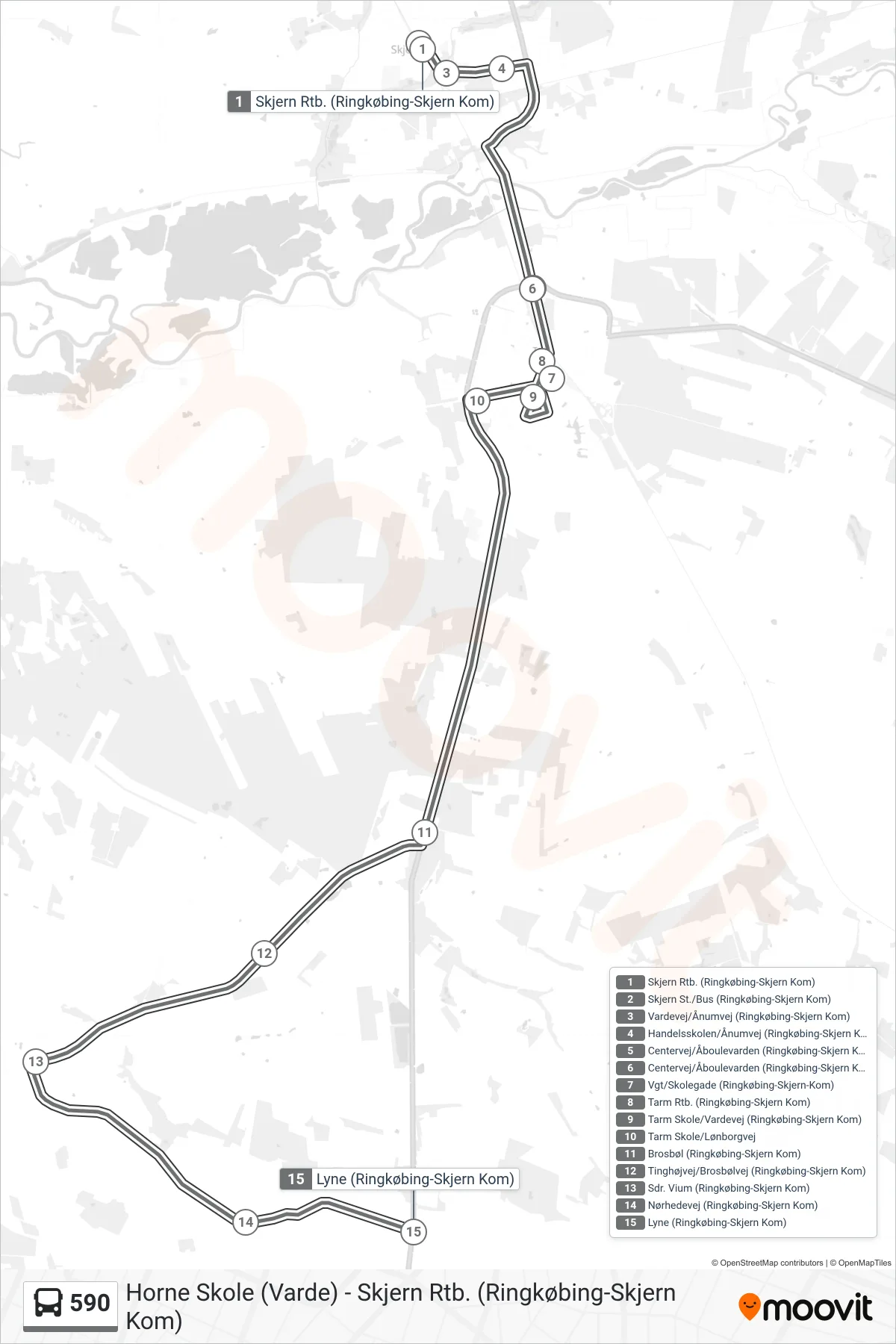 590 bus Linje (Lyne) rute og stop på et kort