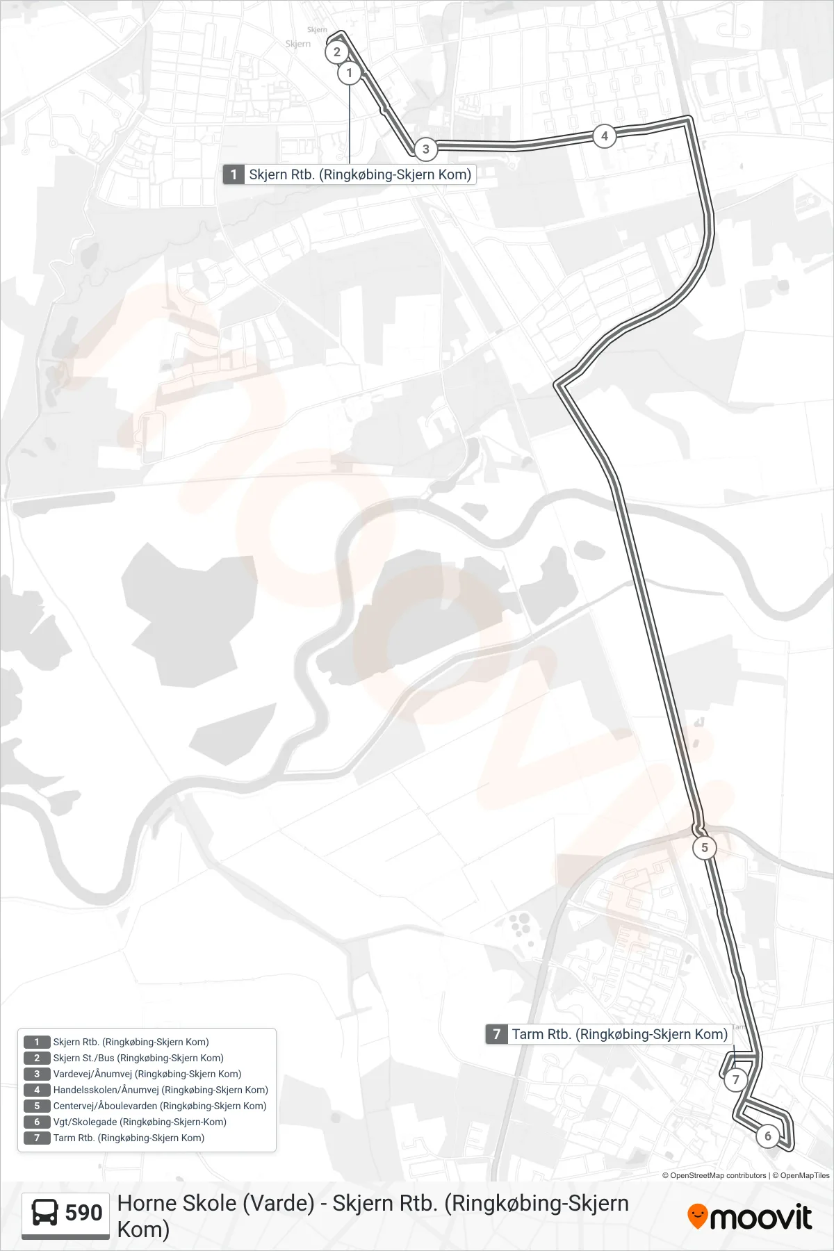 590 bus Linje (Tarm Rtb.) rute og stop på et kort