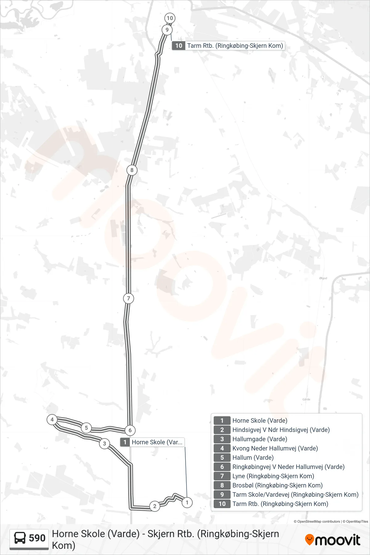 590 bus Linje (Tarm Rtb.) rute og stop på et kort