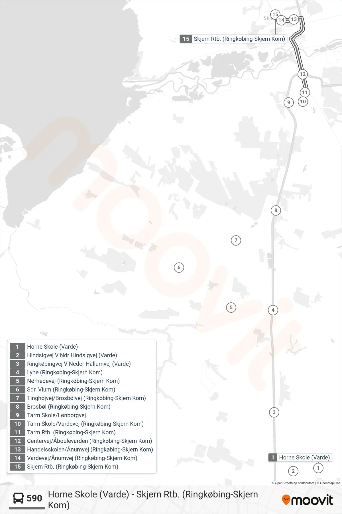 590 bus Linje (Skjern Rtb.) rute og stop på et kort